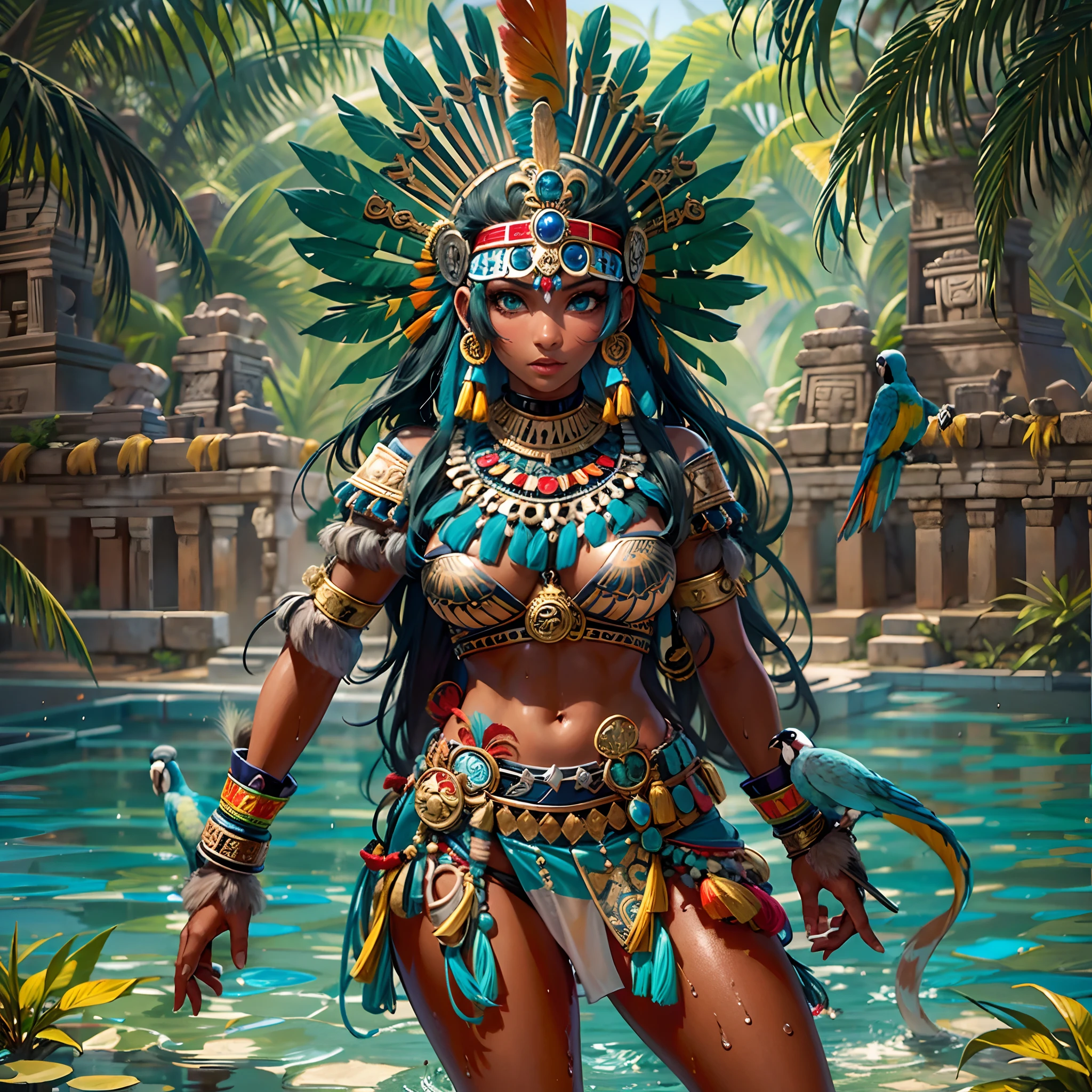 Aztec warrior princess, perfect body, perfect tits, perfect ass, wearing sexy armor, blue macaw feathered clothing, headress made from parrot feathers, weilding obsidian studded aztec club, standing in a pool of shallow water, wet body, dripping body, green eyes, dark skin, aztec girl, jungle temple background, aztec temple, aztec jungle temple, beautiful girl, nude