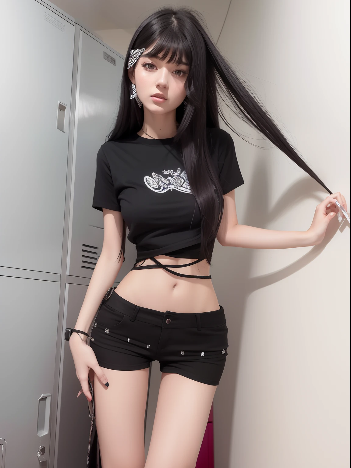 An Arad woman with long black hair stood in front of a locker, photo of slim girl, 2 4 year old female model, 18 years old, 1 , 2 2 years oldold, Her navel was exposed, 2 7 years old, 2 3 years, 19-year-old g