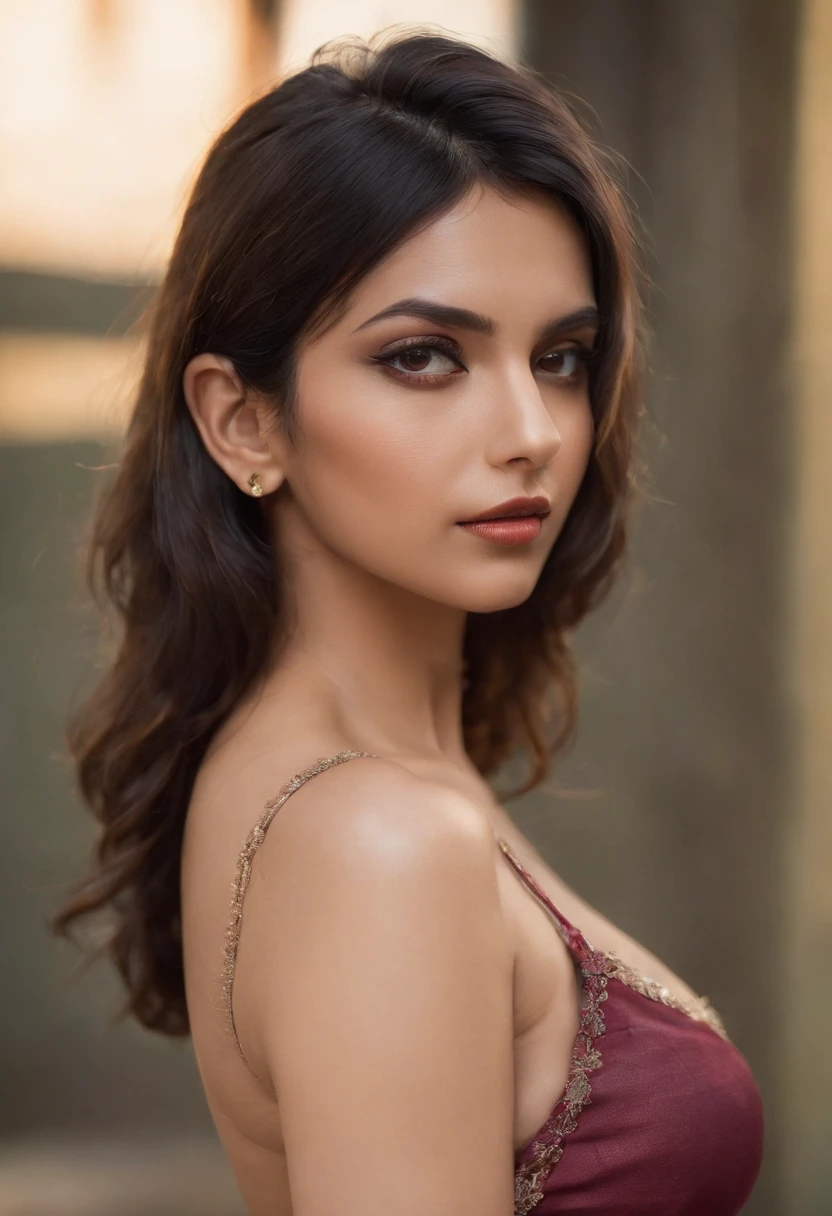 gorgeous Indian with perfect boobs and no clothes, naked, hard, perky breasts tits, NSFW, factory, looking at camera, perfect, perfection, shiny, 50mm 85mm 1.2, film grain, canon, nikon, hasselblad, mamiya, ((bokeh))