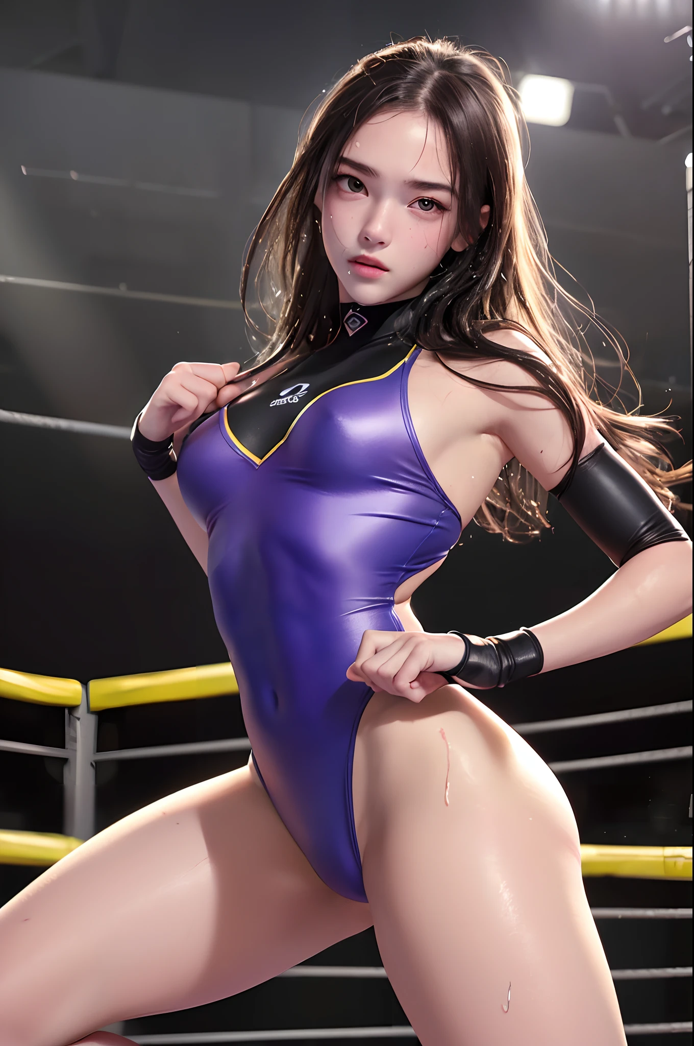 (Best Quality,8K,hight resolution,masuter piece:1.2),Ultra-detailed,Realistic:1.37,Portrait,Dynamic Angle,(Female wrestlers) ,Teenage girl,small head,Cute,Sporty,Charming face,Detailed beauty face,Very realistic skin,Wet skin,Sweat,Large breasts,nice legs ,Sporty,wrestling venue　,Cinematic lighting,