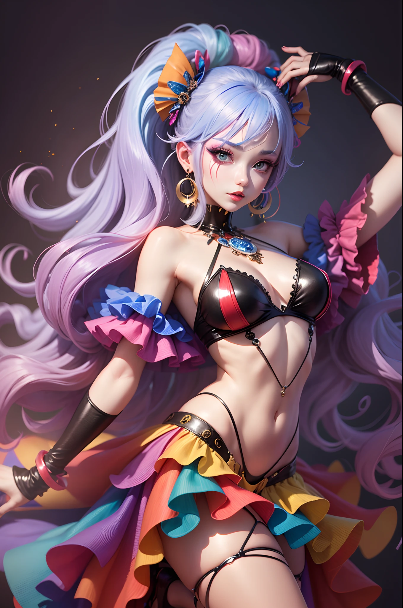 anime design goddess of entertainment in clown clothes with different eyes from each other ager with body jewelry and earrings high heels clown clothes --auto --s2
