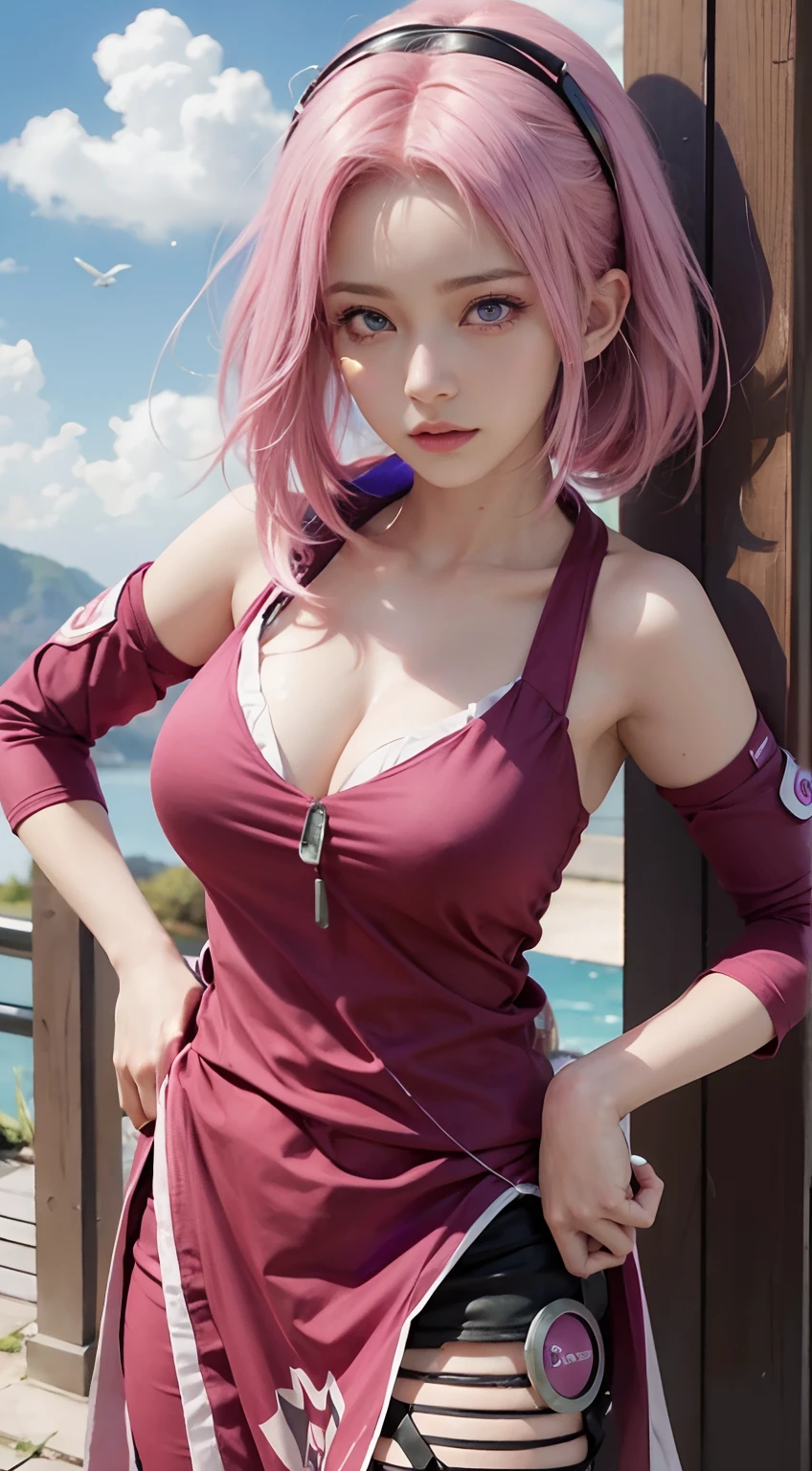 1girl,pink hair, green and purple eyes,high res,hyper realistis, ultra detail ,haruno sakura,anime Naruto ,ultra higt ,realistic ,