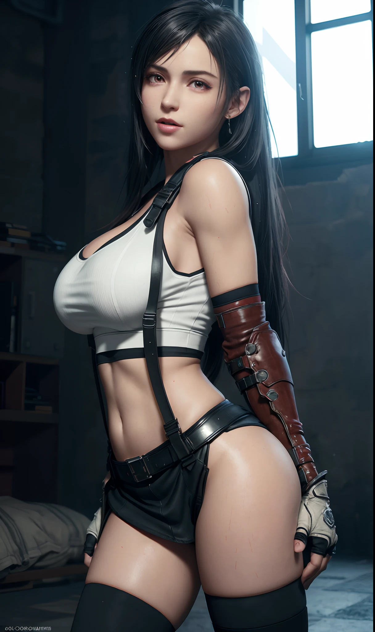 Unreal Engine 5 Realistic Render, (masterpiece, best quality), intricate details, (Best quality)), ((masterpiece)), ((realistic)), (hyperrealism:1.2), (fractal art:1.2), 
1girl, 7rtifa, crop top, arm guards, fingerless gloves, suspenders, pleated miniskirt, black thighhighs, red boots 
extreme detailed eyes, colorful, highest detailed, 
vibrant colors, high contrast,
(8K UHD:1.2), (photorealistic:1.2), beautiful face, top body is hyper realistic thicc muscle and hyper largest_breasts!! with the type of boobs_melons, lower is huge buttocks, wet shiny body
