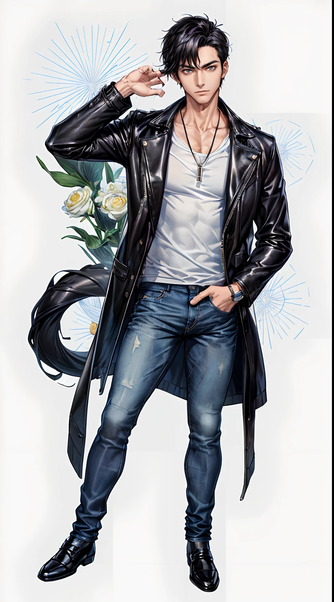 ((Masterpiece, hiquality, absurdress), 1male, black hair, Short hair, straight, gray eyes, a perfect face, the perfect body, sports body, male focus , Male body, 独奏, Detailed eyes and face, Something Simple, But stylish, For example, white t-shirt with neckline, tucked into skinny jeans or chinos. This will give the impression of ease and at the same time collected. To add zest and sophistication to the look, Put on a leather jacket on top. Complete the look with elegant black shoes, preferably oxfords or brogues.