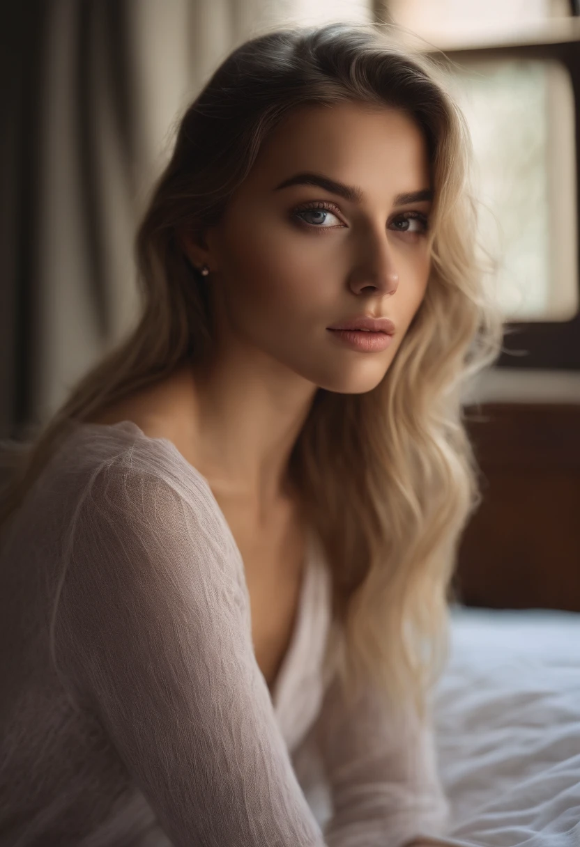 Spanish Woman Completely , fille sexy aux yeux bleus, ultra realist, Meticulously detailed, Portrait Sophie Mudd, cheveux blonds et grands yeux, selfie of a young woman, Yeux de chambre, Violet Myers, sans maquillage, maquillage naturel, looking straight at camera, Visage avec Espagnole, Maquillage subtil, Great photo of the whole body kneeling on the bed, en club, Buste de grande taille