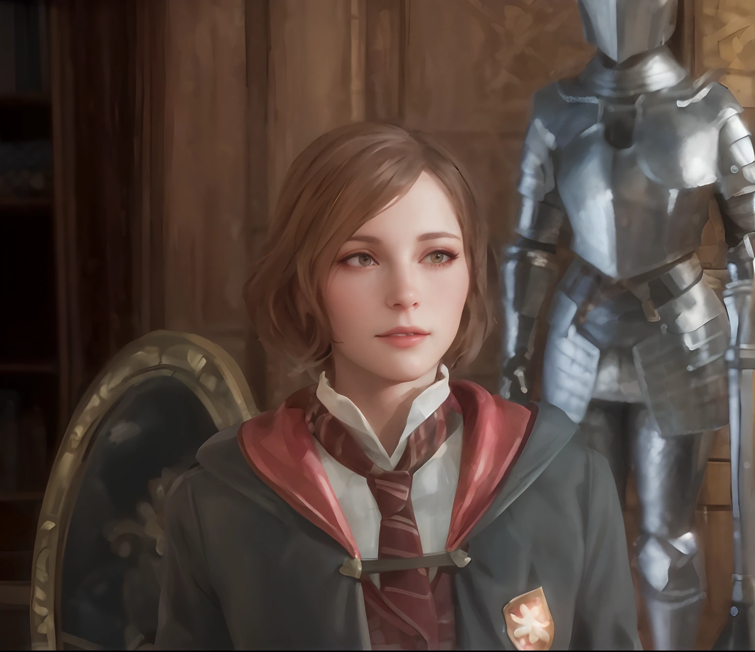 there is a woman in a suit of armor standing next to a statue, portrait knight female, female character, female protagonist, portrait ezio auditore as female, character close up, female lead character, cattie - brie of mithril hall, portrait of max caulfield, female protagonist 👀 :8, character portrait closeup, female redhead templar, 8k portrait render