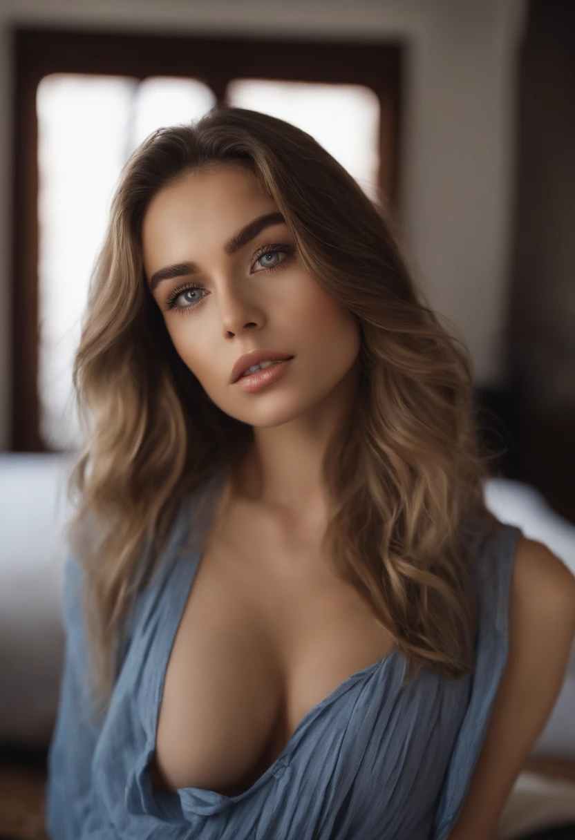 Spanish Woman Completely , fille sexy aux yeux bleus, ultra realist, Meticulously detailed, Portrait Sophie Mudd, cheveux blonds et grands yeux, selfie of a young woman, Yeux de chambre, Violet Myers, sans maquillage, maquillage naturel, looking straight at camera, Visage avec Espagnole, Maquillage subtil, Great photo of the whole body kneeling on the bed, en club, Buste de grande taille