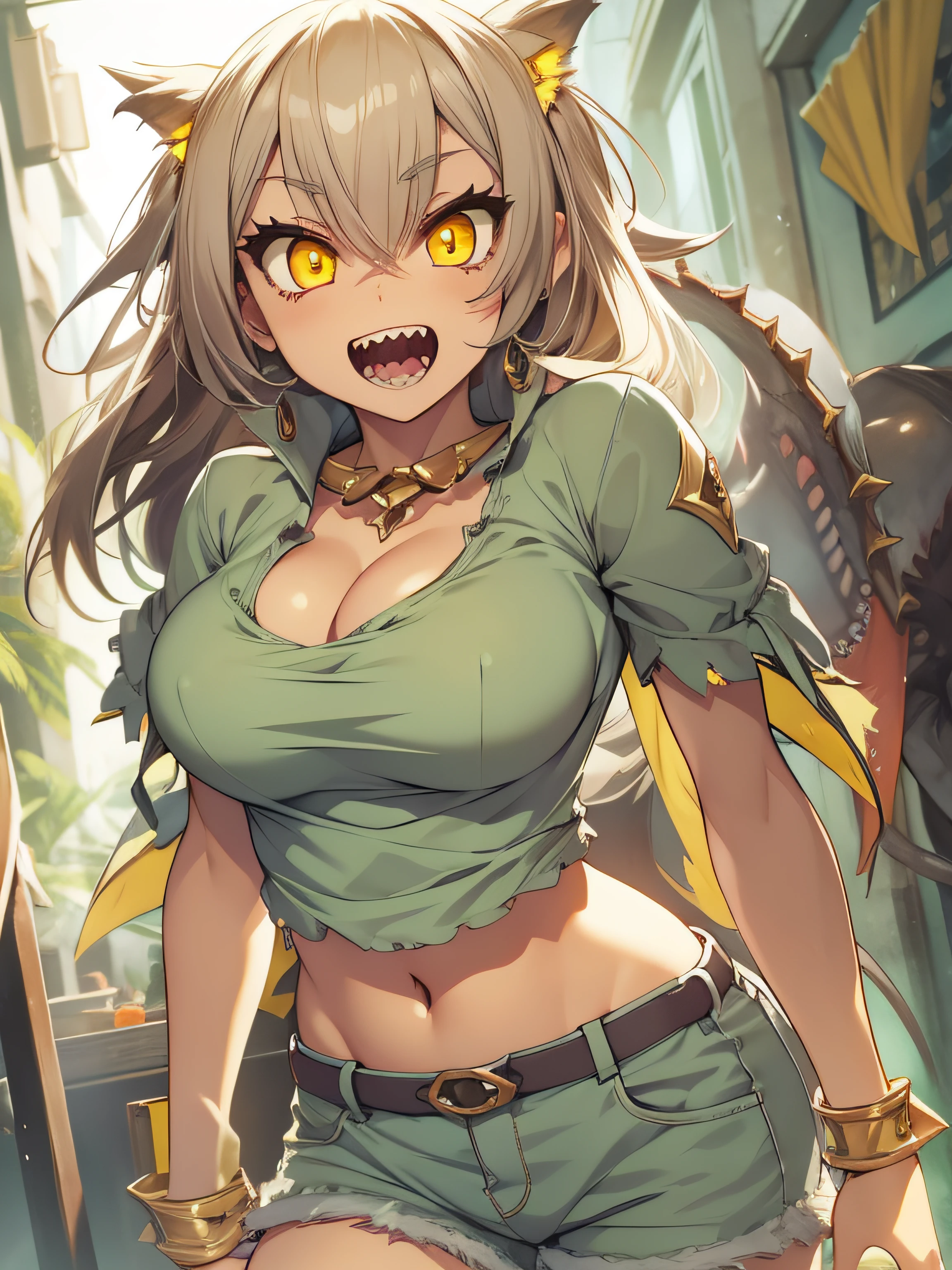 Woman's sharp teeth, light-skinned, Monster Girl, Yellow eyes, medium boob, Shorts, Beautiful bra
