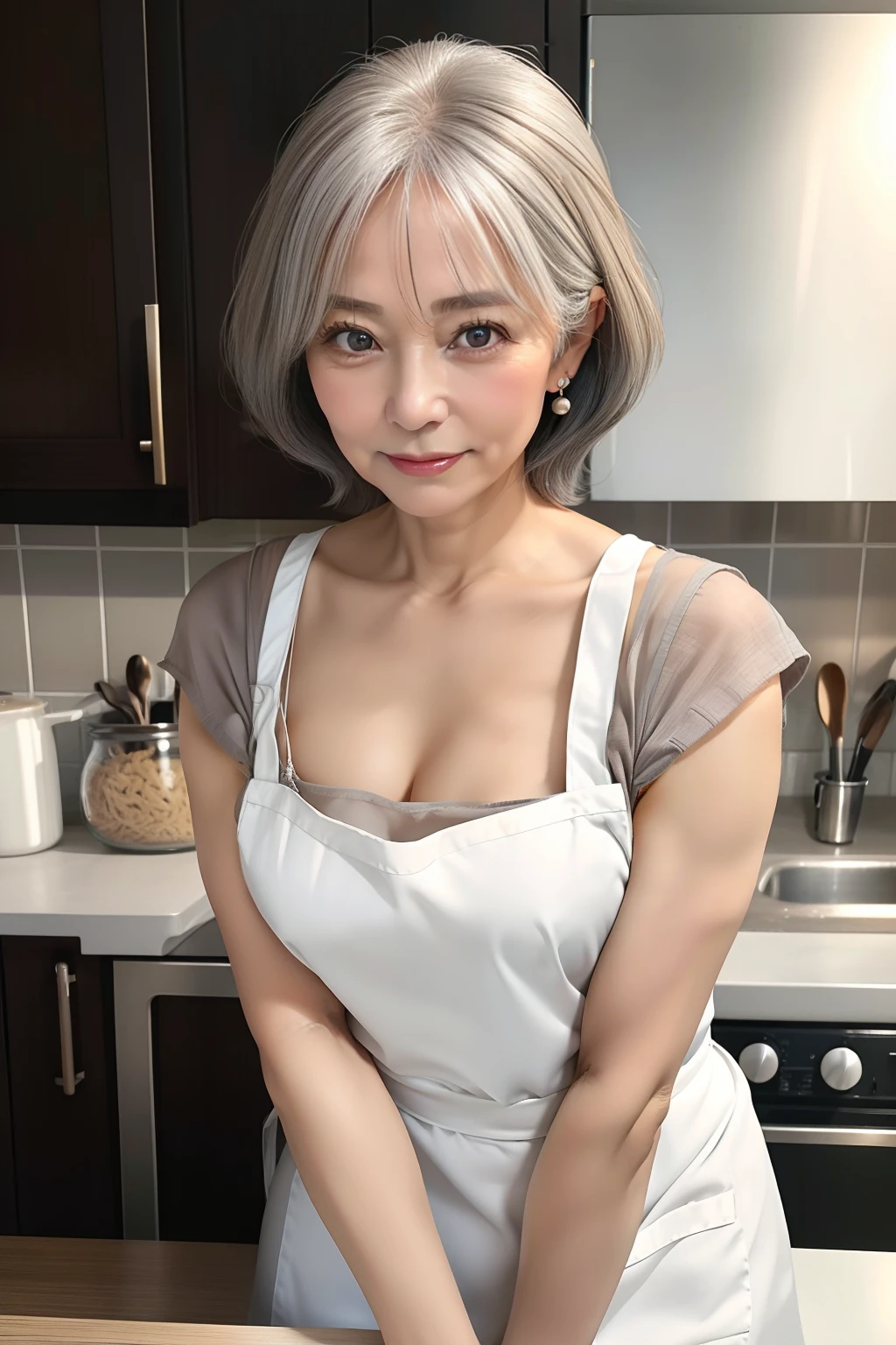 Portrait of a 65-year-old woman with gray hair, a captivating gaze, Brown eyes, Wrinkles on her face, She wears a very sexy white apron that reveals her small breasts, kitchin, 8K, Detailed background, body  wrinkles, Full body display, Full body, Open your legs, Rather small breasts are exposed