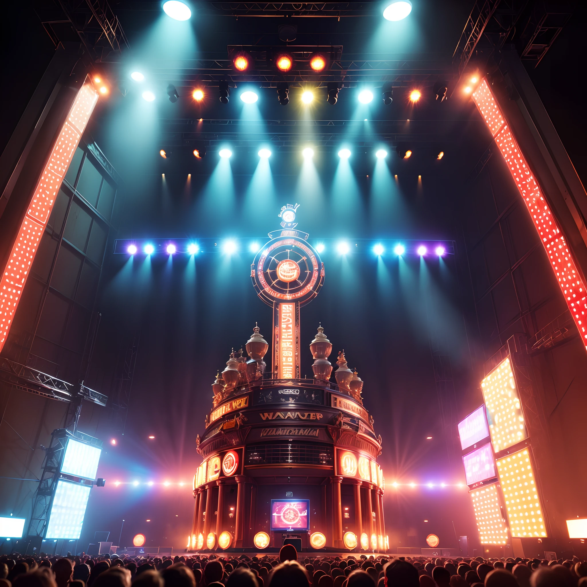 detailed background, masterpiece, best quality, high definition, epic realism, ((( huge gameshow arena with prize display, bright spot lights lights, flashing signs, "WINNER" sign flashing))), side view of stage, gigiantic arena