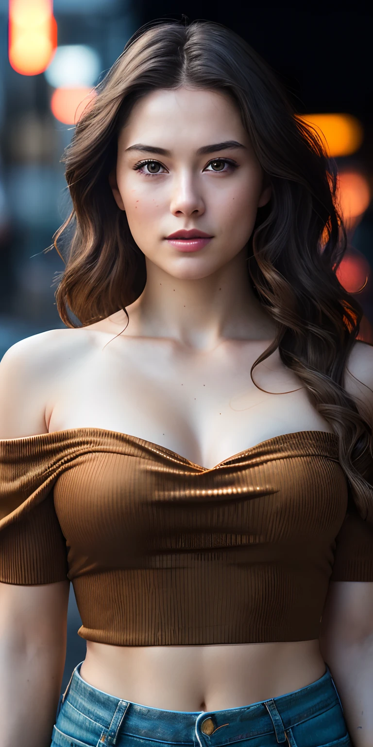 Full face portrait photo of 25 year old European girl, RAW, beautiful woman, semi-open strawberry lip, dimples, wistful expression, (brown hair with extra long wavy), ((detailed face)), ((detailed facial features)), (fine detailed skin), pale skin, cyberpunk megacity environment, (cool color), moist, damp, reflection, (masterpieceShot with Canon EOS R5 (detail) (Realistic photos) (Detailed details) 50mm lens, f/2.8, HDR, (8k) (wallpaper) (cinematic lighting) (dramatic lighting) (sharp focus) (complex), RAW photography, RAW photography, gigachad photography, camera pose, black jeans, back arm, 8k uhd, dslr, high quality, Grain Film, Fujifilm XT3, Film Stock Photo 4 Kodak Portra 400 Camera F1.6 Lens Rich colors Ultra-realistic textures Dramatic lighting Unreal Engine Art Station Trends Cinestill 800 Tungsten, Toughboy Style, Ultra Focus Face, Intimidating, Fighting Position, Short Messy Hair, Muscles, Bursting Veins, Beads, (( off-shoulder crop top)),