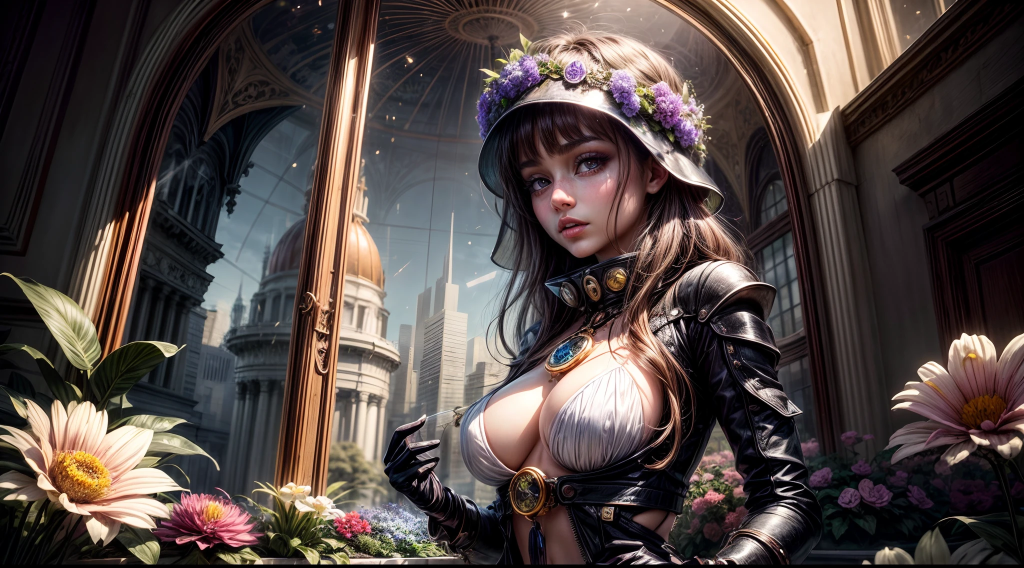 In the heart of San Francisco, a crystal-clear dome encloses a futuristic garden where vibrant flowers bloom under the watchful gaze of a girl with eyes that sparkle like the cosmos, tending to the otherworldly flora, a fusion of natural beauty and technological wonder.