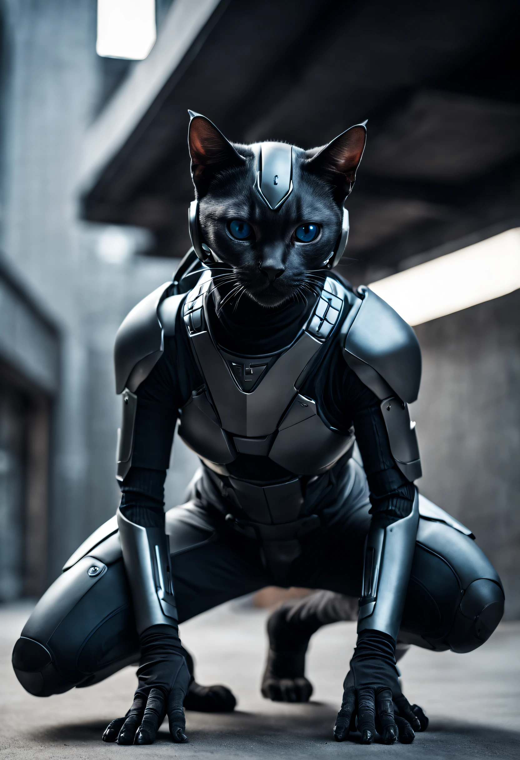 Dramatic shot of a futuristic humanoid ninja cat, stealth, Cinematic Stealth, Detailed Context Hyper-Detailed Photography, natural lighting, Nikon 70d, Diffusion souterraine, Hdr, aberration chromatique, volumetrics dtx