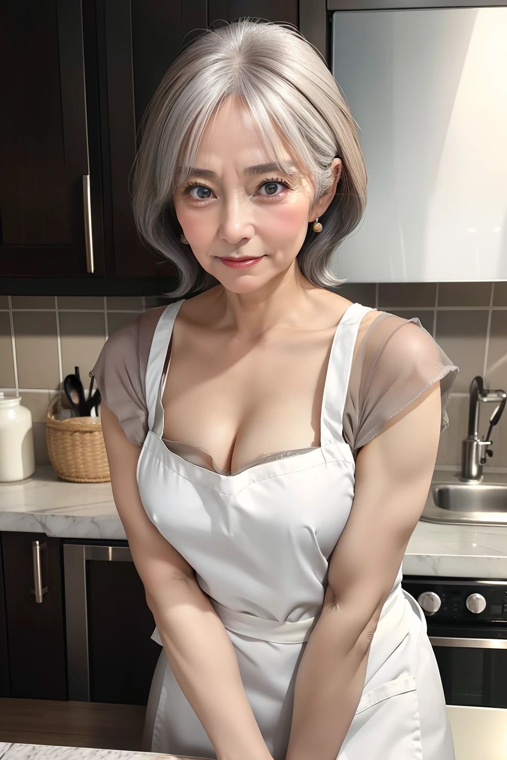 Portrait of a 75-year-old woman with gray hair, a captivating gaze, Brown eyes, Wrinkles on her face, She wears a very sexy white apron that reveals her small breasts, kitchin, 8K, Detailed background, body  wrinkles, Full Body Display, Full body, Open your legs, rather large breasts are exposed,、Nipples are erect
