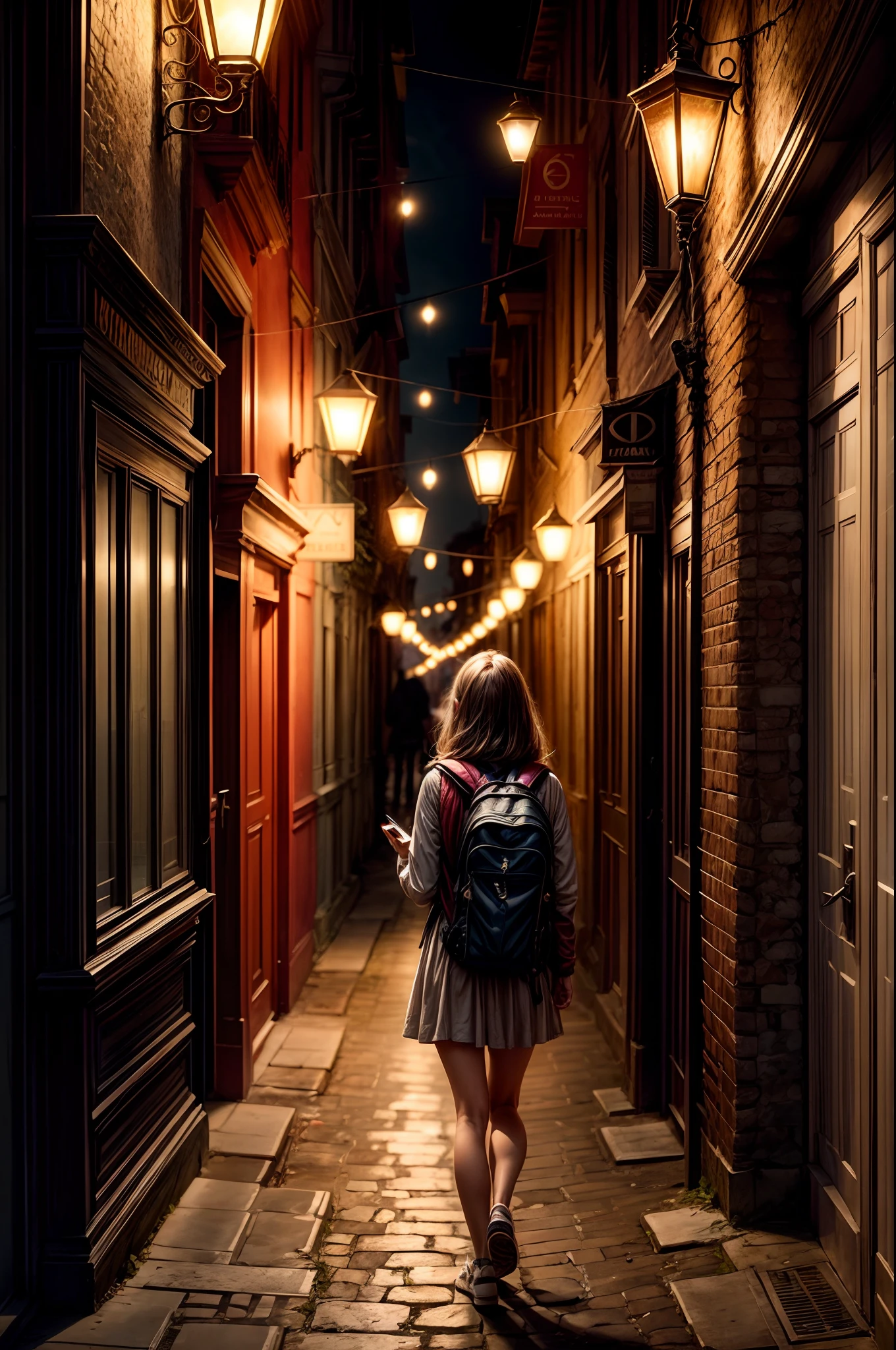 Amidst the ancient streets of Venice, a girl with a backpack covered in crystal shards explores the city's labyrinthine alleyways, her journey illuminated by the soft glow of antique streetlamps, capturing the blend of history and mystique in a single photograph.