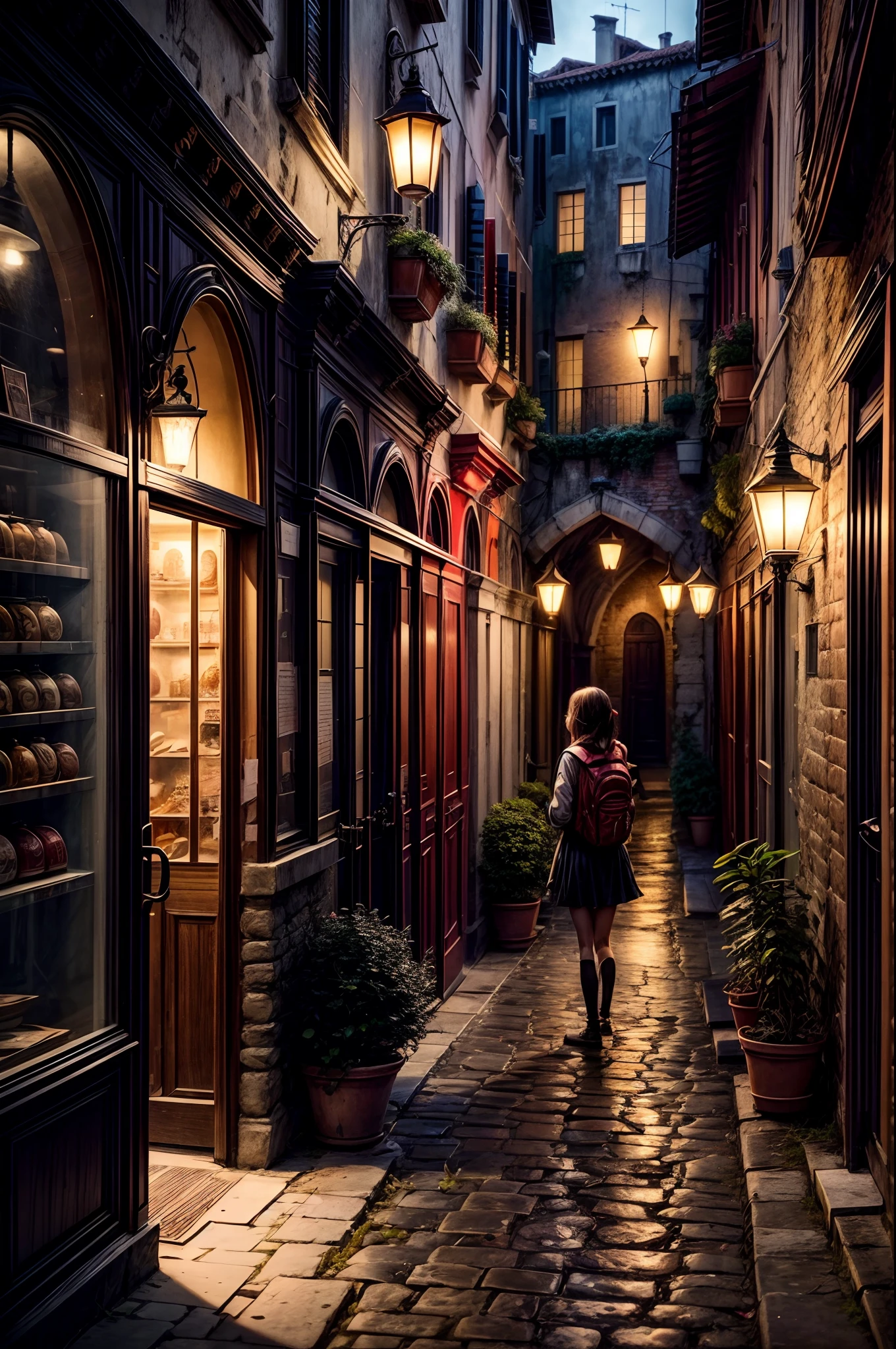 Amidst the ancient streets of Venice, a girl with a backpack covered in crystal shards explores the city's labyrinthine alleyways, her journey illuminated by the soft glow of antique streetlamps, capturing the blend of history and mystique in a single photograph.