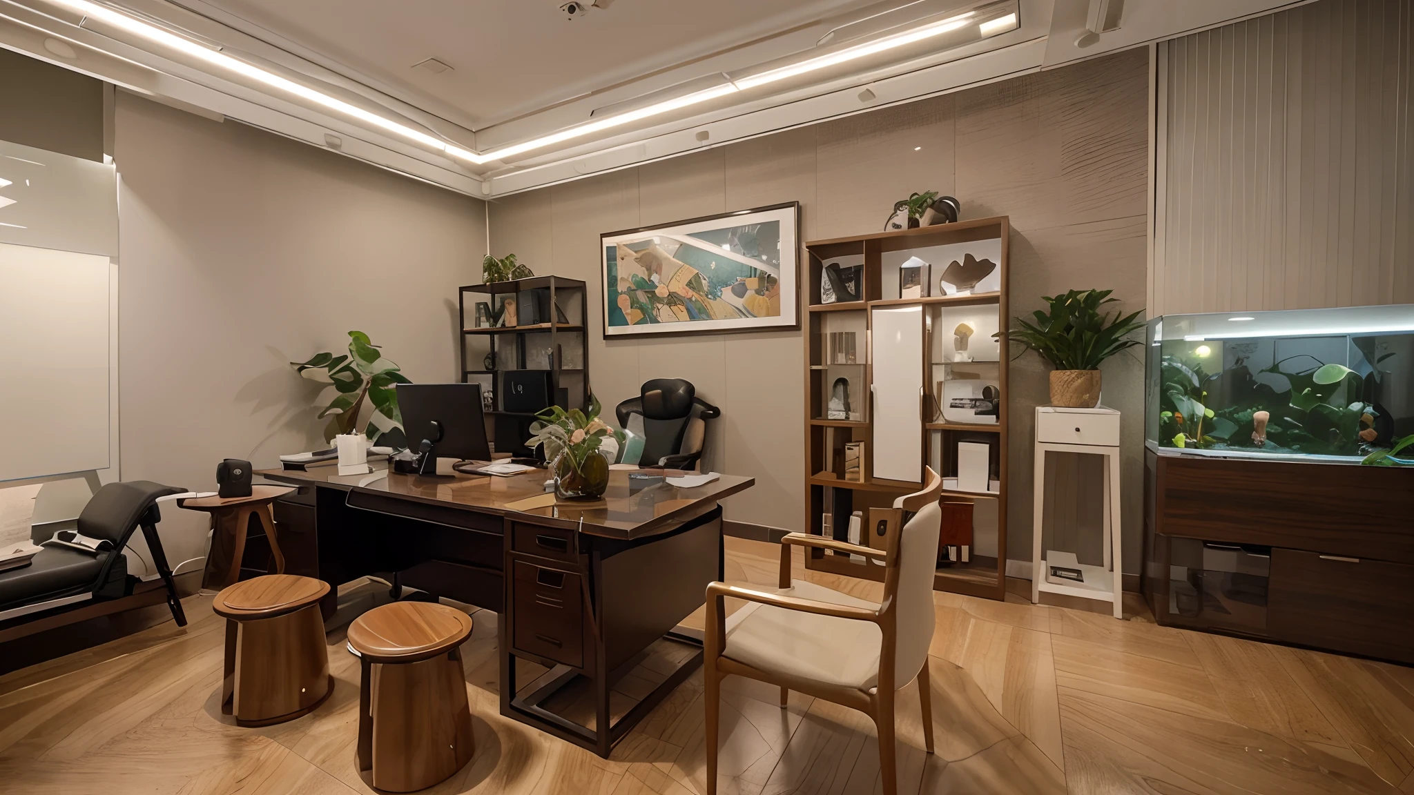 there is a room with a desk, chair, and a fish tank, a portrait inspired by Cao Buxing, pexels, cloisonnism, show room scene, in office, office interior, office, doctors office, set inside of office, jinyiwei, office room interior, offices, modern office, in the office, elegant study, high-end