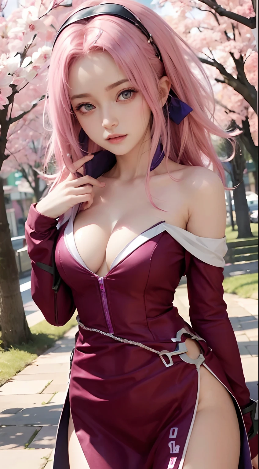 1girl,pink hair, green and purple eyes,high res,hyper realistis, ultra detail ,haruno sakura,anime Naruto ,ultra higt ,realistic ,best qualiti,realistis photo realistic ,UHD .skin real cute girl