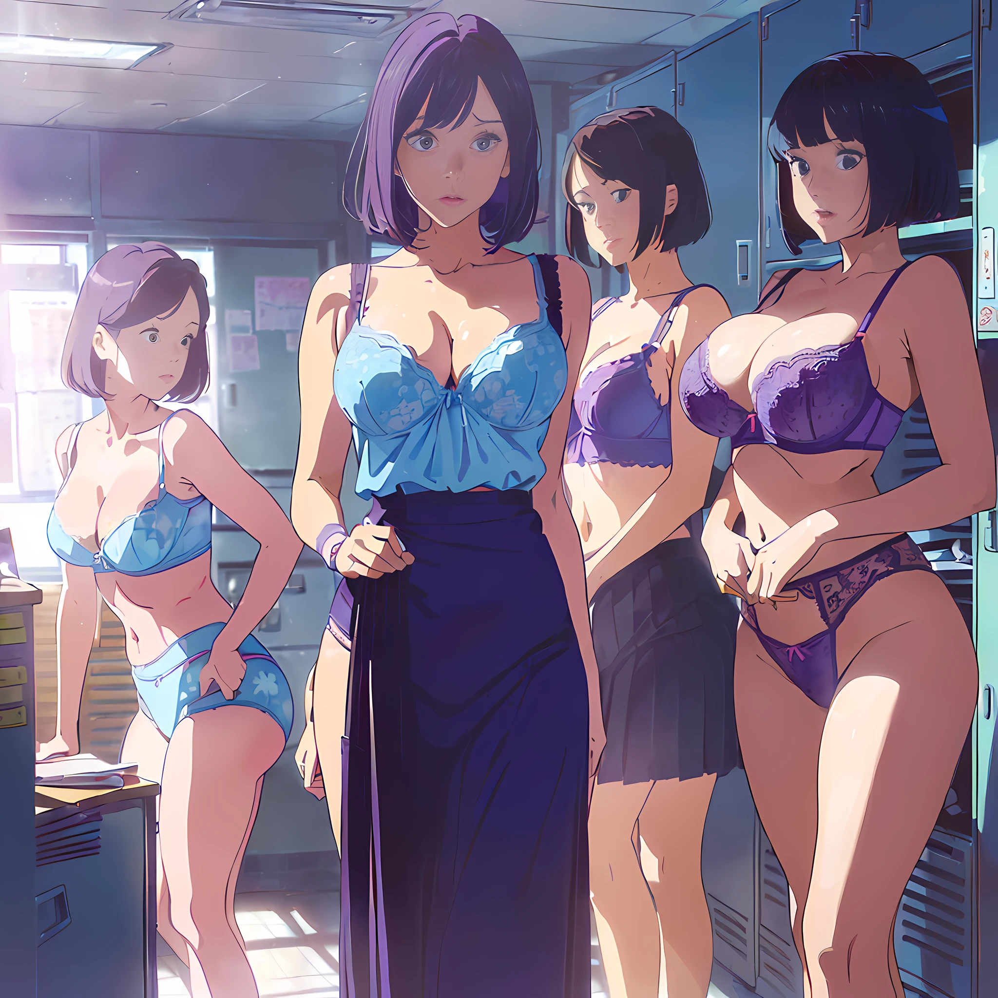 (((((Incredibly ridiculous)))), ((Absurd)), Anime style, Three female teachers stand together, ((Female teacher in lingerie), (Female teacher without skirt and blouse), Bra, Panties, (Large buttocks:1.2), bob cuts, Slender figure, Purple underwear, Purple bra, Light Blue Bra, Light blue underwear, Red / White underwear, Blue / White underwear, Natural lighting, in a locker room, Anime Painting