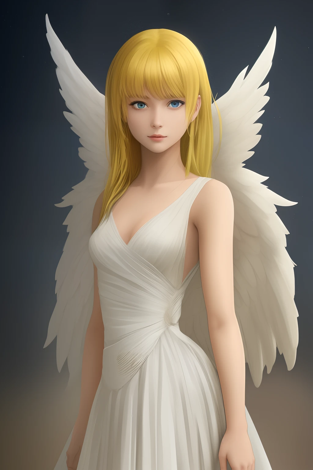 generates an image of a girl with a white dress, angel wings, yellow hair and blue eyes