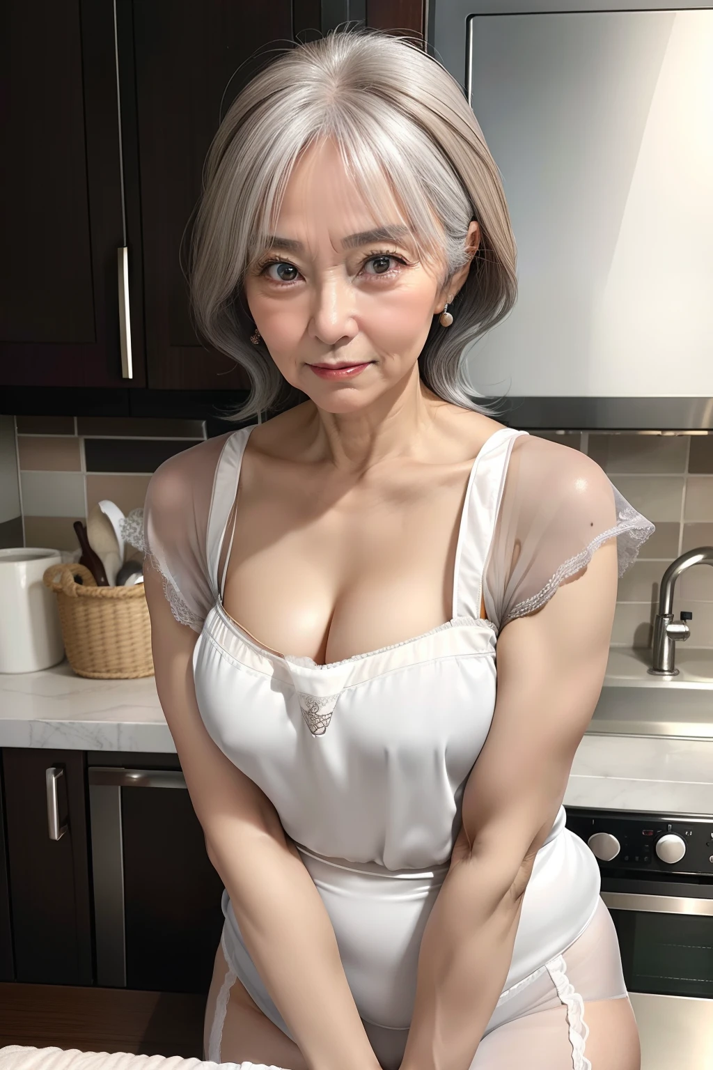 Portrait of a 75-year-old woman with gray hair, a captivating gaze, Brown eyes, Wrinkles on her face,  kitchin, 8K, Detailed background, body  wrinkles, Full Body Display, Full body, Open your legs, rather large breasts are exposed,,、 are erect、undergarment、Sukesuke、an lingerie
