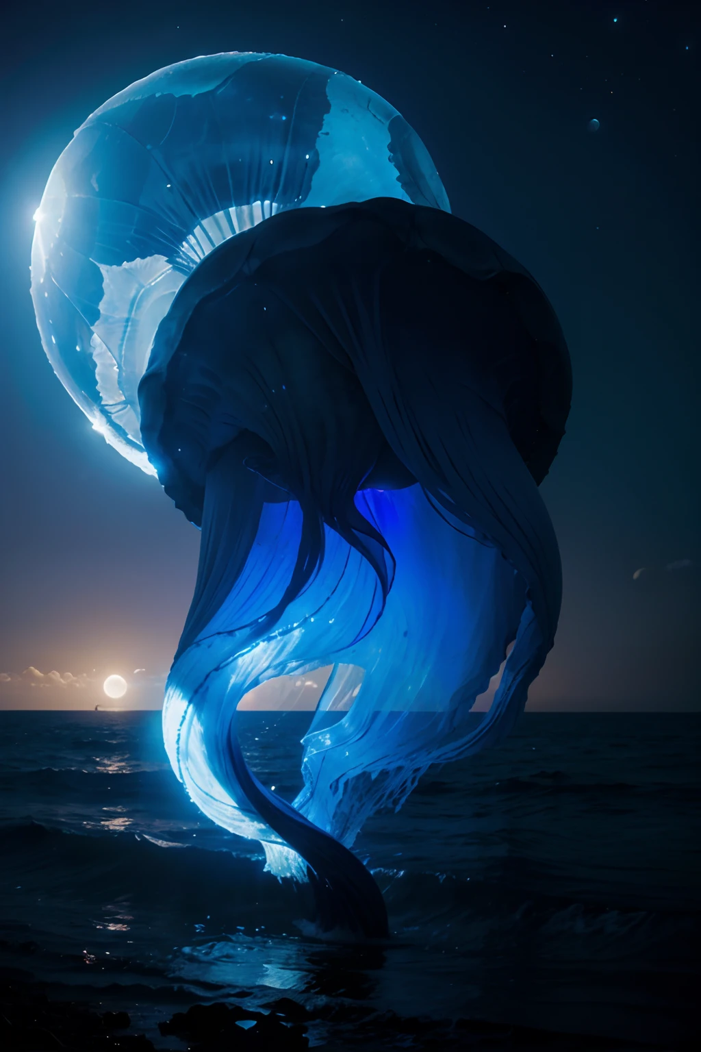 magestic perfection, fantasy photograph, (massive blue jellyfish with the moon inside), astronomical beautiful, moonlight shining, galaxies in the background