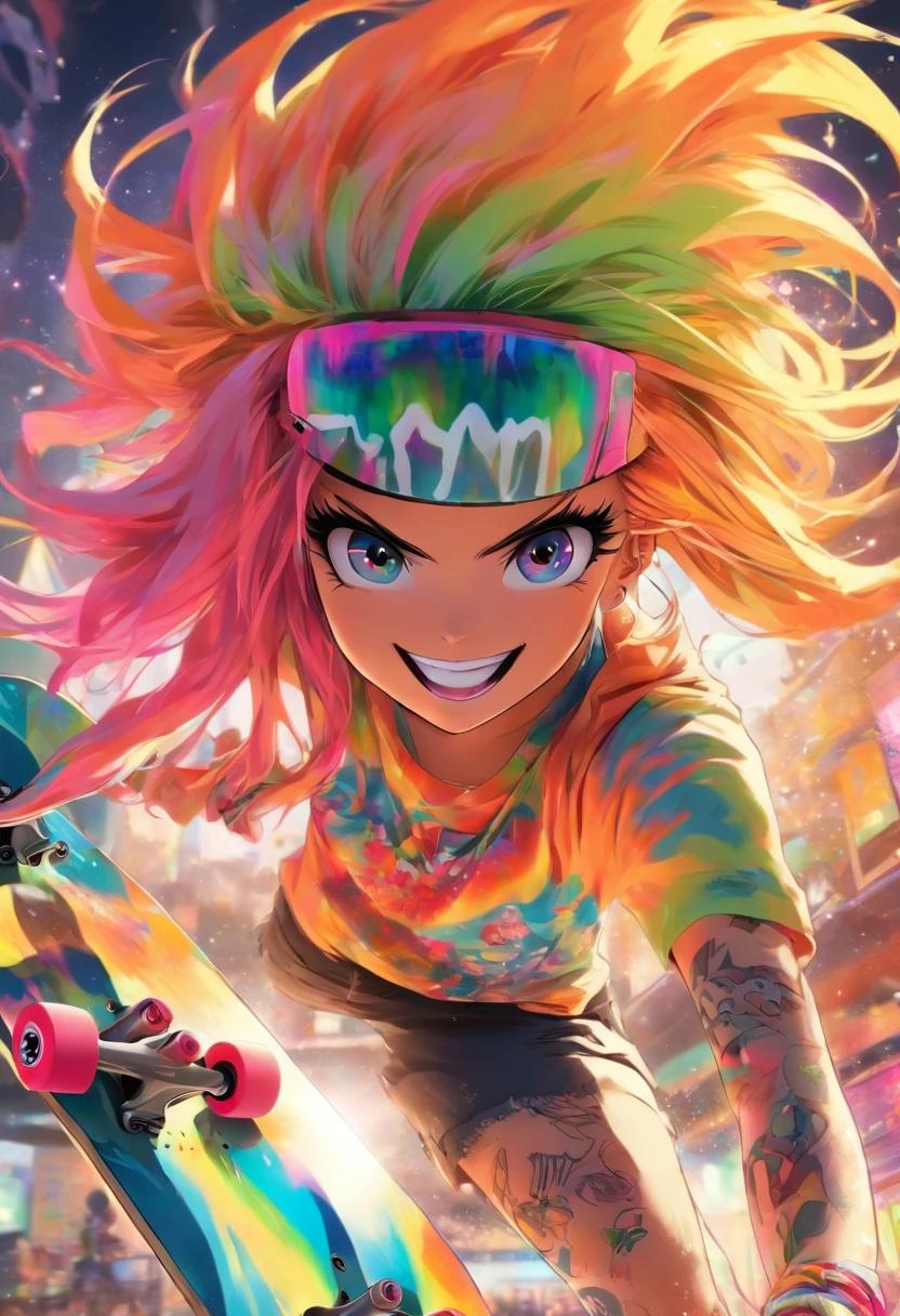 A Garota de Skate Mais Bonita e Sexy, Um grande sorriso, rainbow colored hair, olhos amarelos, Use um capuz, graphic tee, Jeans skinny rasgados e equipamentos de skate altamente detalhados, Toneladas de tatuagens e piercings, Antecedentes muito detalhados, Obra-prima perfeita, alta qualidade, high resolution