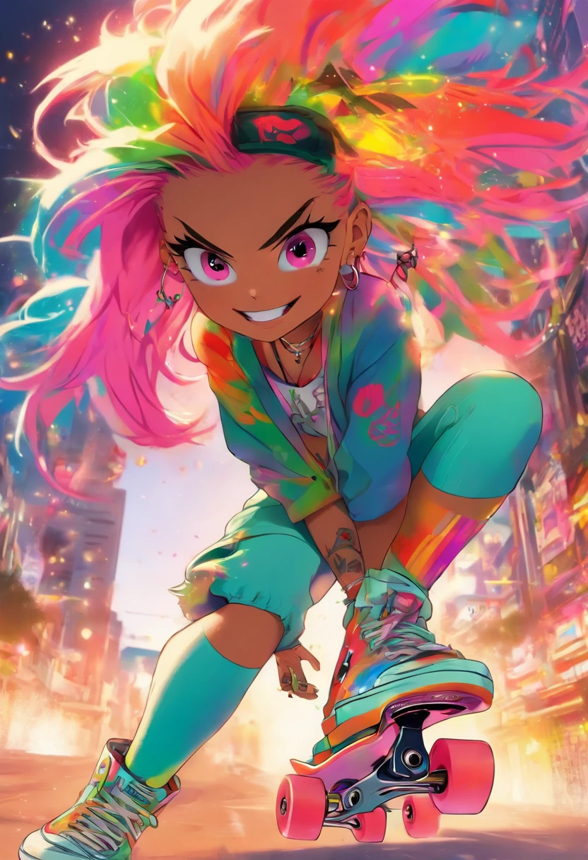 A Garota de Skate Mais Bonita e Sexy, Um grande sorriso, rainbow colored hair, olhos amarelos, Use um capuz, graphic tee, Jeans skinny rasgados e equipamentos de skate altamente detalhados, Toneladas de tatuagens e piercings, Antecedentes muito detalhados, Obra-prima perfeita, alta qualidade, high resolution