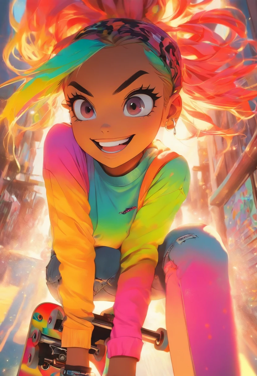A Garota de Skate Mais Bonita e Sexy, Um grande sorriso, rainbow colored hair, olhos amarelos, Use um capuz, graphic tee, Jeans skinny rasgados e equipamentos de skate altamente detalhados, Toneladas de tatuagens e piercings, Antecedentes muito detalhados, Obra-prima perfeita, alta qualidade, high resolution