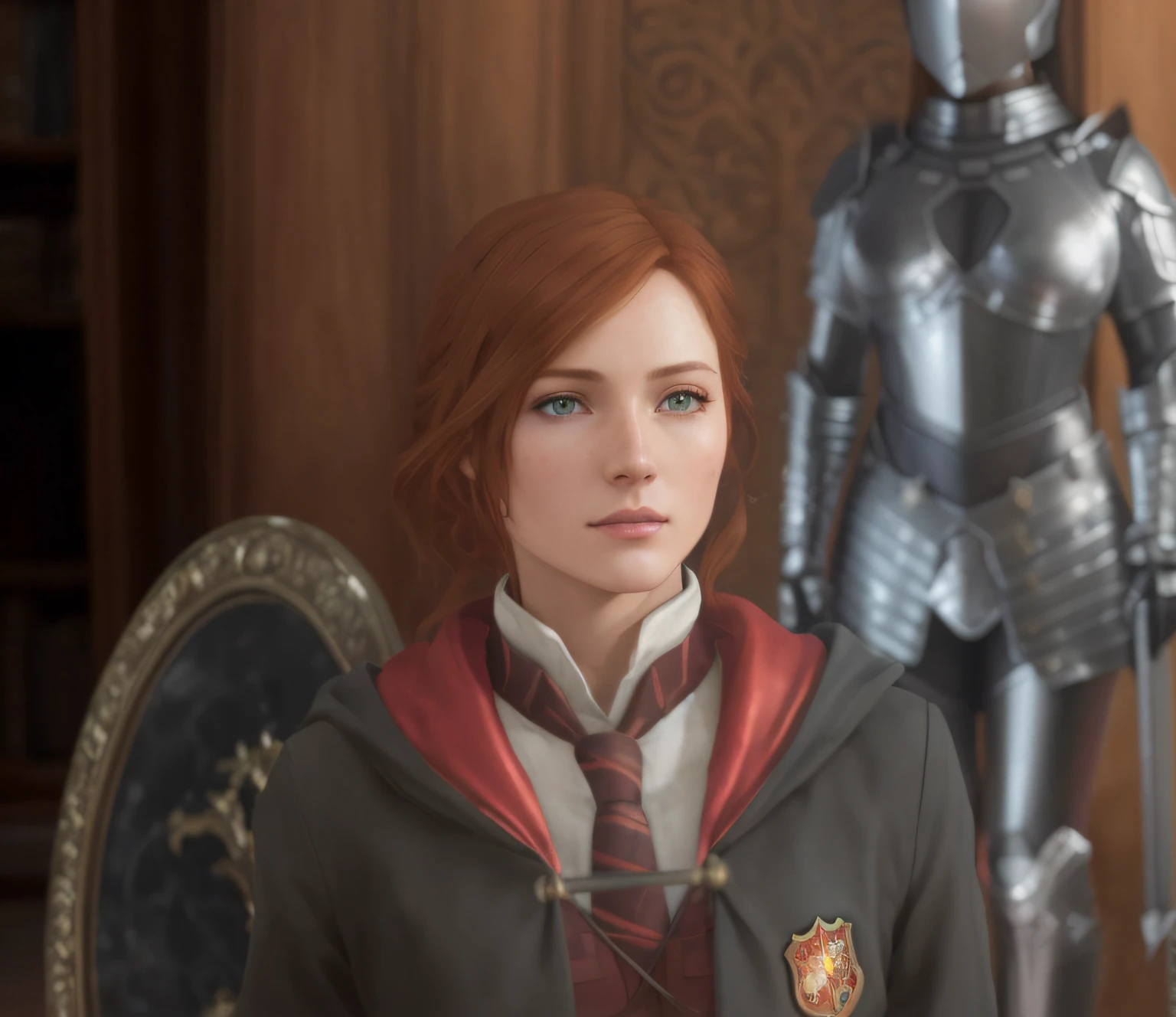 digital painting, artwork, masterpiece, solo, highly detailed, ultra high res, (best quality), (best shadow), there is a woman, a suit of armor behind, portrait female, female character, female protagonist, hogwarts legacy, ginger hair, green eyes, character close up, female lead character, character portrait closeup, female protagonist, female redhead templar, 8k portrait render,