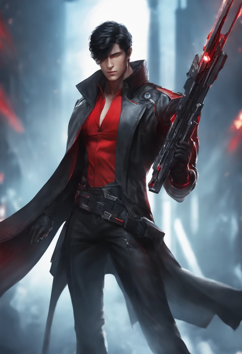 man with futuristic weapon, black hair, red eyes, very high resolution, 8k, anime illustration, showing the whole body