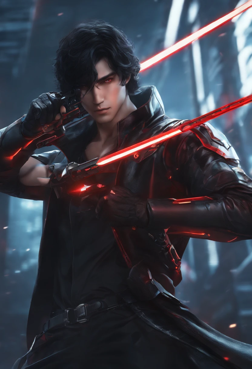 man with futuristic weapon, black hair, red eyes, very high resolution, 8k, anime illustration, showing the whole body