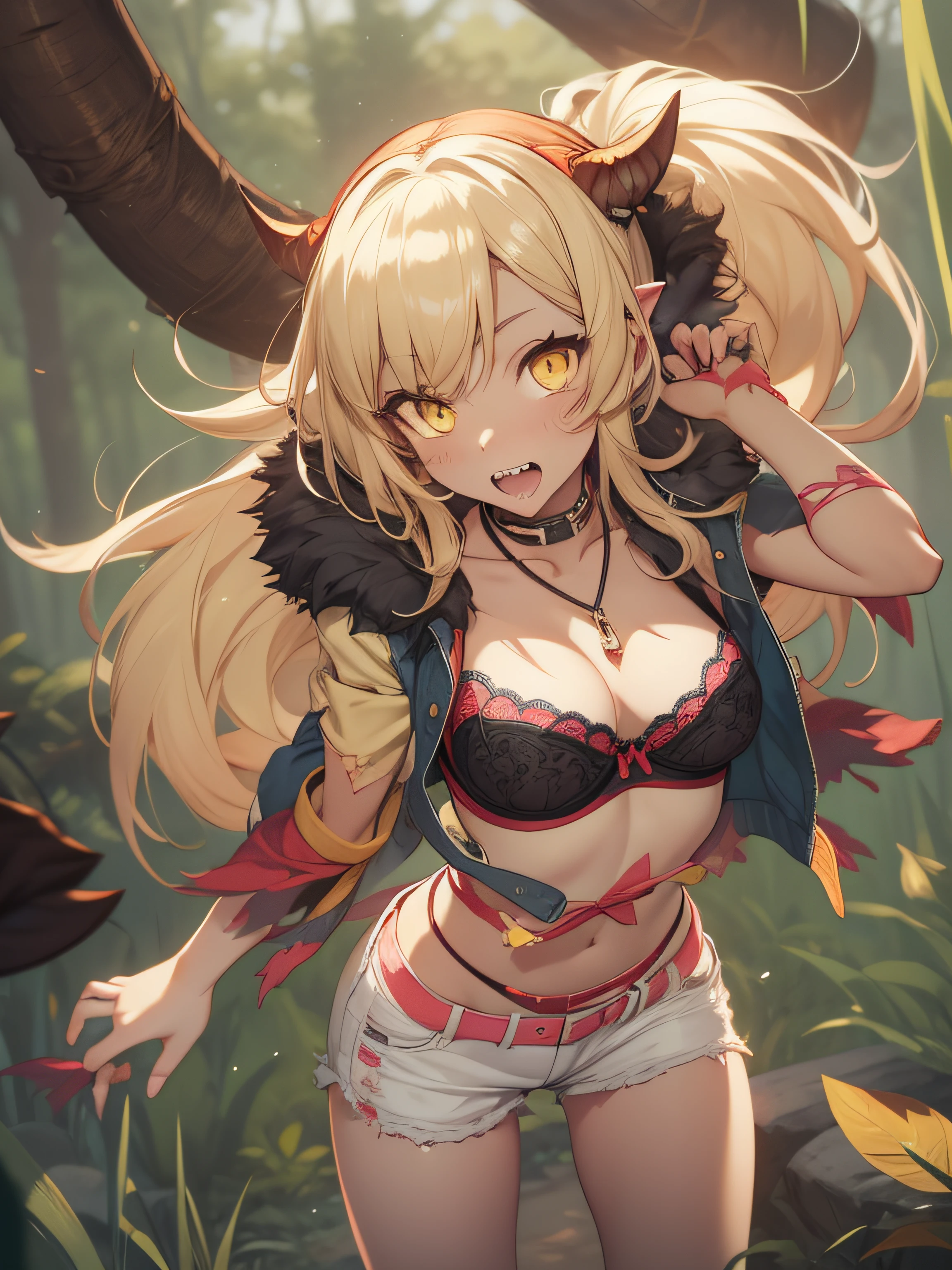 Woman's sharp teeth, light-skinned, Monster Girl, Yellow eyes, medium boob, Shorts, Beautiful bra