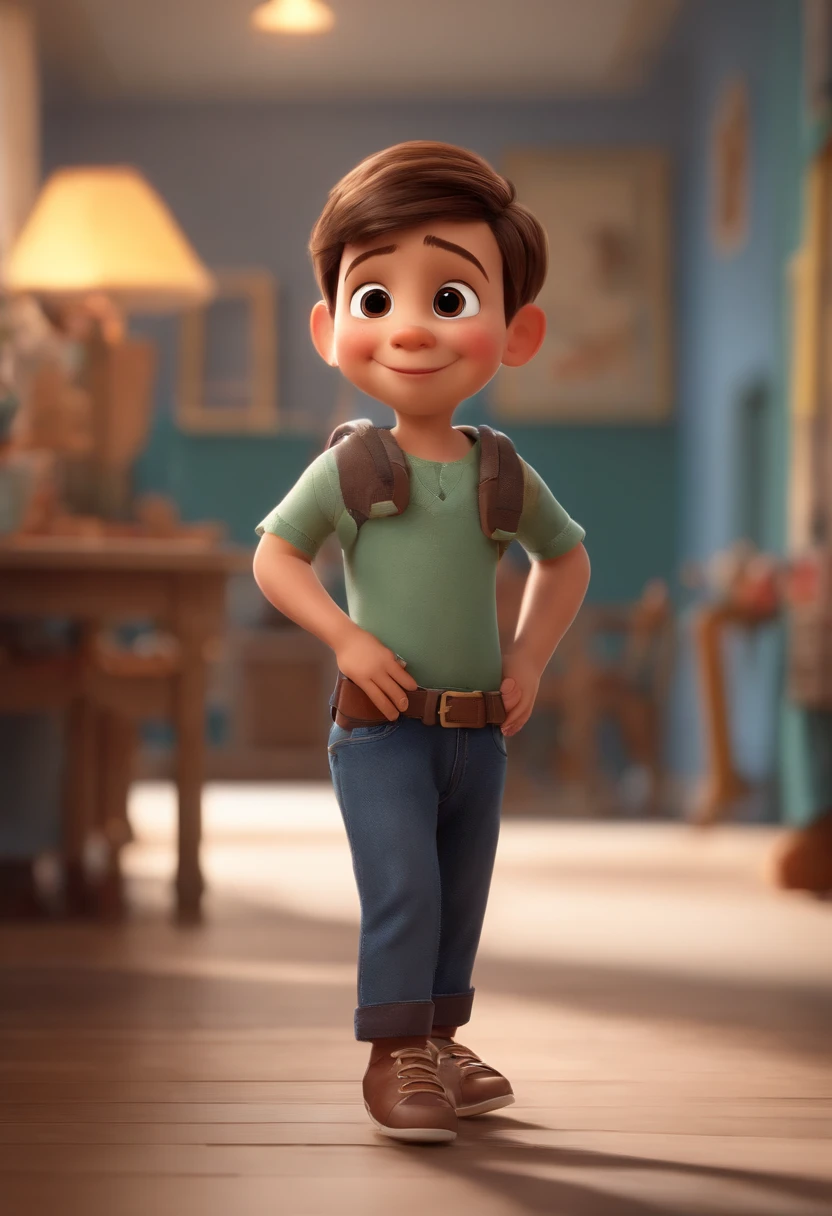 Image of a boy in gray shirt and gray pants ,for a story in a YouTube video in Pixar format, He's the little allabester, He's the class leader, He's outgoing, Playful and gets up for a lot of things
