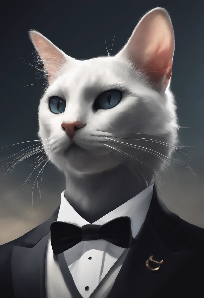 There's a man in a tuxedo and a cat mask in low pole rendering with a bow tie, un rendu low poly par Kanbun Master, reddit, digital art, smoking, Photo de profil Discord, fvckrender, Discord PFP, Portrait NFT, elegant, Il porte un haut-de-forme, Samdoesart, SamdoesArts, L’art NFT, masque blanc