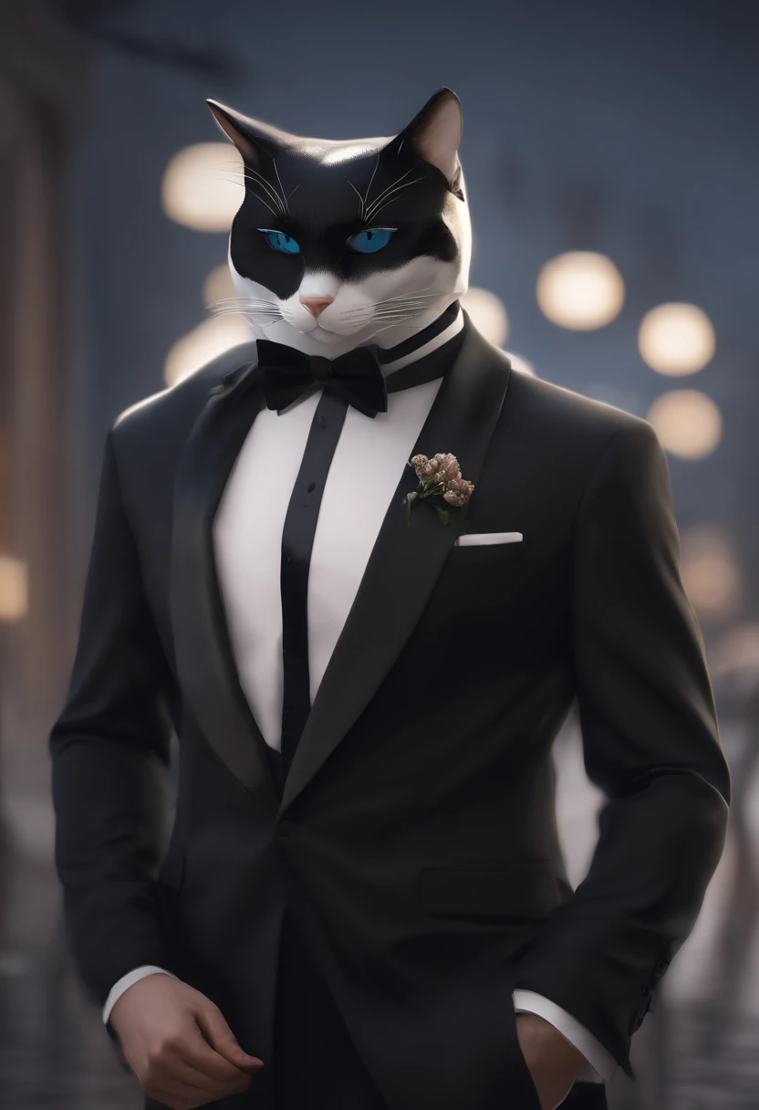 There's a man in a tuxedo and a cat mask in low pole rendering with a bow tie, un rendu low poly par Kanbun Master, reddit, digital art, smoking, Photo de profil Discord, fvckrender, Discord PFP, Portrait NFT, elegant, Il porte un haut-de-forme, Samdoesart, SamdoesArts, L’art NFT, masque blanc