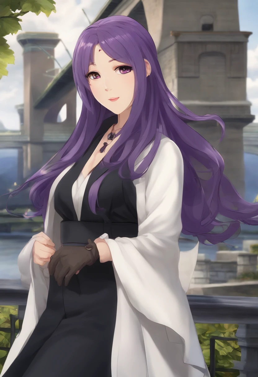 anime girl with purple hair and black outfit standing in front of a bridge, as an anime character, hinata hyuga, kimtsu no yayba, illustrious makinami, yayoi kasuma, hanayamata, koyoharu gotouge, mitsumayo, kotegawa yui, maya fey from ace attorney