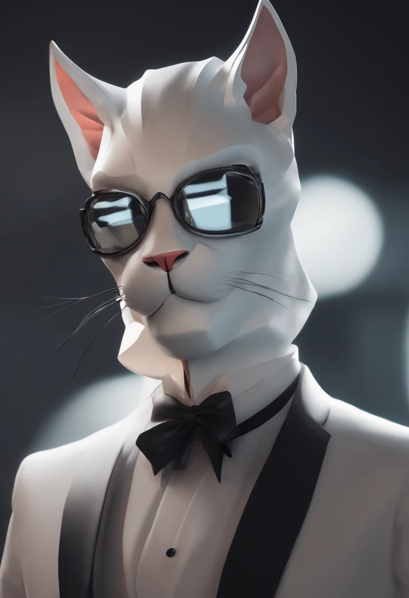 il y a un homme en smoking noir, who wears a cat mask in low pole rendering, with a bow tie, un rendu low poly par Kanbun Master, reddit, digital art, smoking, Photo de profil Discord, fvckrender, Discord PFP, Portrait NFT, elegant, Il porte un haut-de-forme, Samdoesart, SamdoesArts, L’art NFT, masque blanc