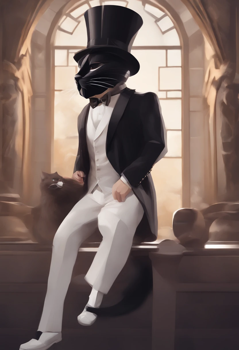 il y a un homme en smoking noir, who wears a cat mask in low pole rendering, with a bow tie, un rendu low poly par Kanbun Master, reddit, digital art, smoking, Photo de profil Discord, fvckrender, Discord PFP, Portrait NFT, elegant, Il porte un haut-de-forme, Samdoesart, SamdoesArts, L’art NFT, masque blanc