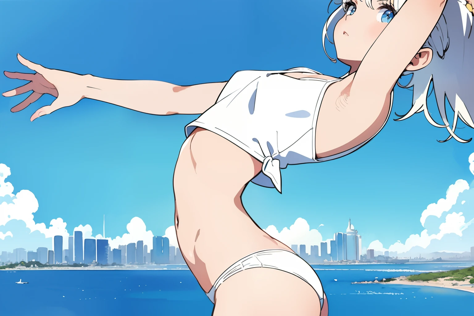 (masterpiece, best quality), (closeup), 1girl, ite, lol slim, (crop top, white panties), (fly above earth), from behind, bottom, cityscape, blue sky, bright sunlight, vibrant colors, watercolor