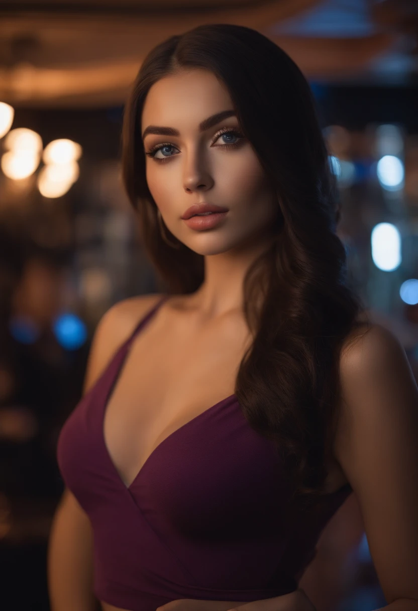 sexy girl, posing in clothing store, best quality, ultra realistic, meticulously detailed, portrait sophie mudd, black hair and large eyes, selfie of a young woman, violet myers, without makeup, natural makeup, looking directly at the camera, face with artgram, subtle makeup, stunning full body shot standing in a club, club, large size bust