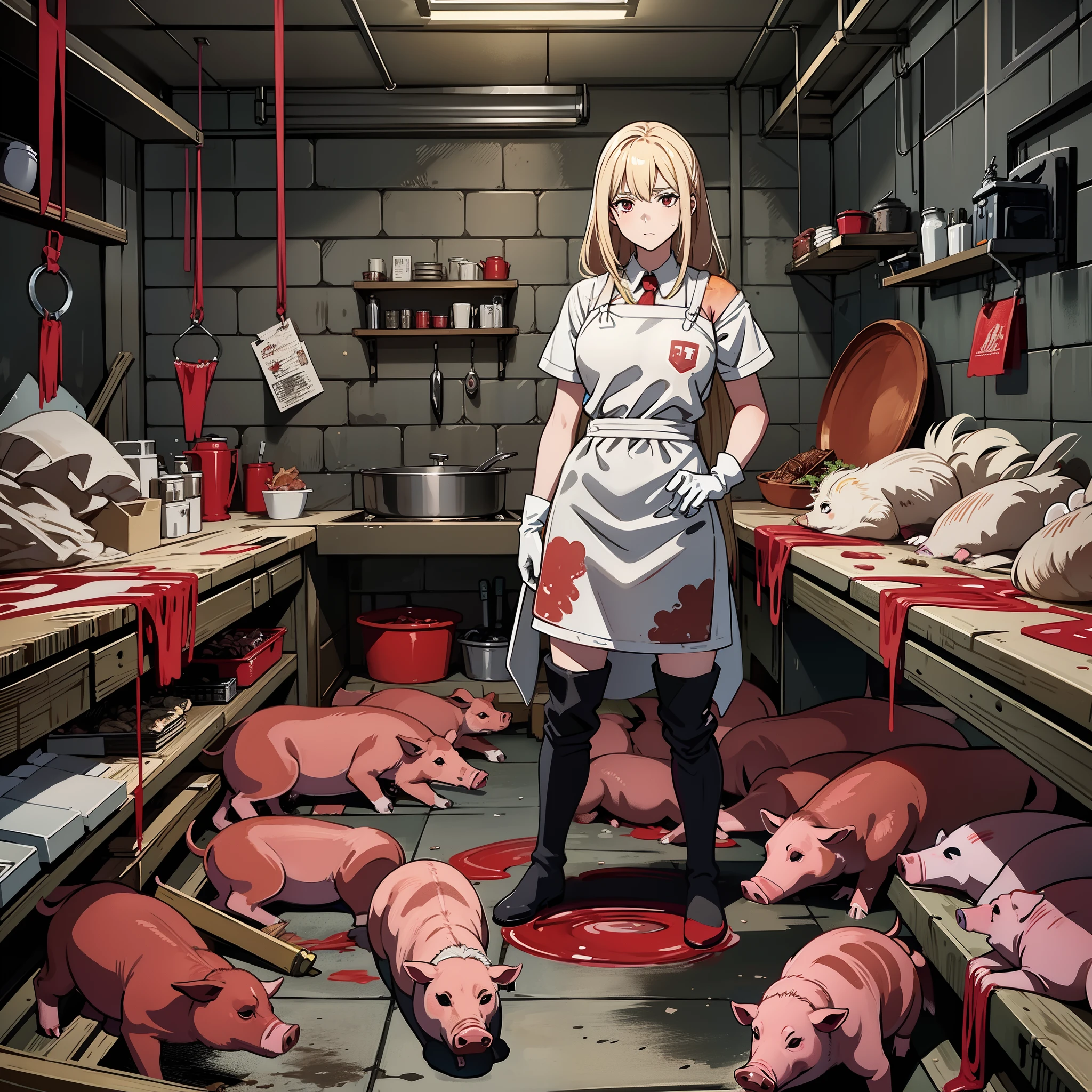 Livestock killing site,red fluid,Dissected pigs,Pig hanging on a hook,a large amount of internal organs scattered on the floor,,,,,,,,,,,,,,,,,,,,,,,,,,,,,,,,Beautiful blonde girl dissecting,Wear shoulder-length rubber gloves,、Girl turning her paw to the pig, Rubber Apron,Dirty rubber boots,White knee-length rubber boots,Stand and look down, Large dissection knife,Drawing from below,Stand and look down, Full body view from below,Troublesome look,