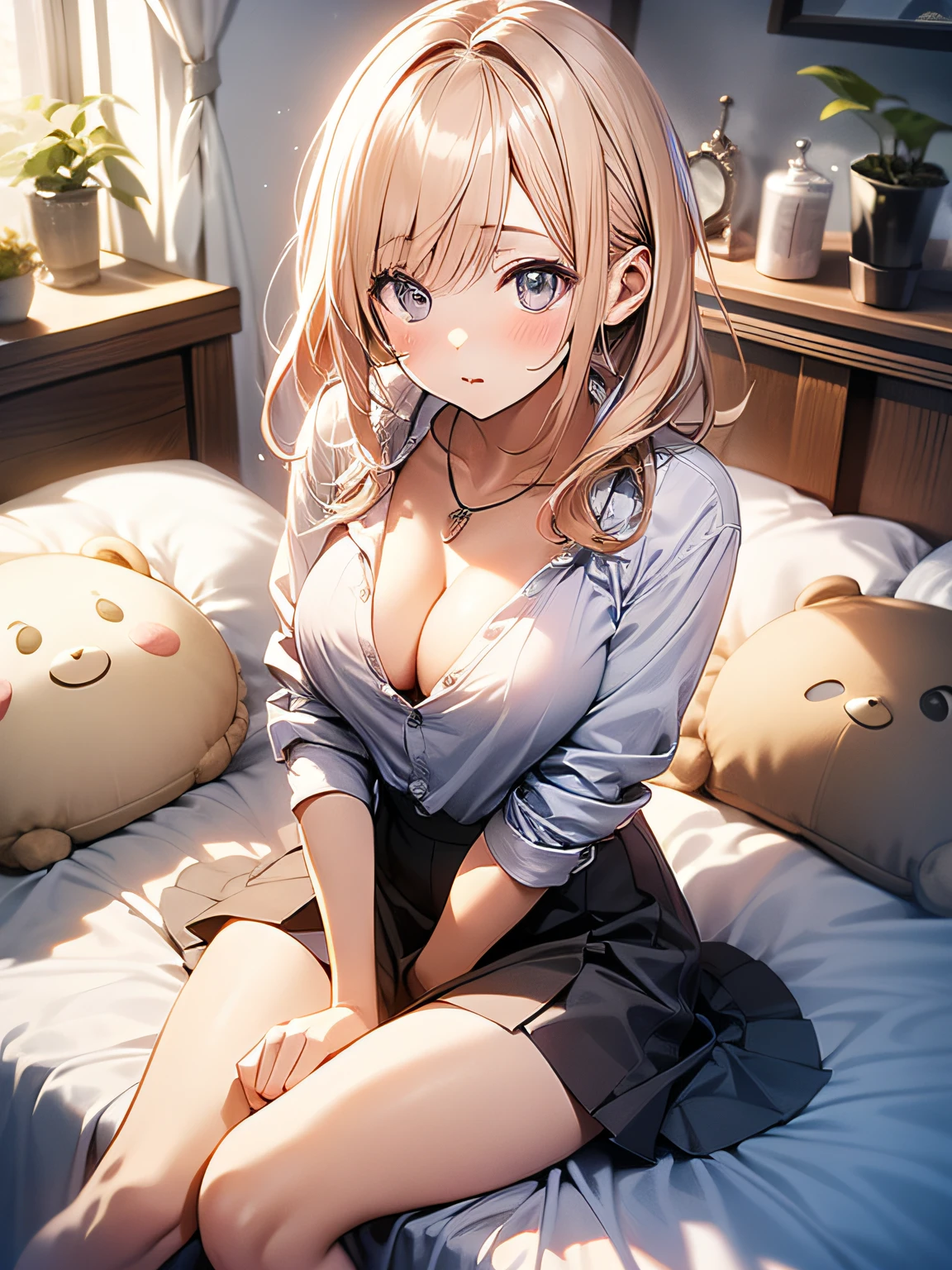 in 8K、top-quality、​masterpiece、ultra-detailliert、Ultra-high resolution、((1 persons))、girl with、a blond、makeups、耳Nipple Ring、a necklace、Medium chest、White shirt、Unbutton、cleavage of the breast、Sit on the bed、a miniskirt、white panty