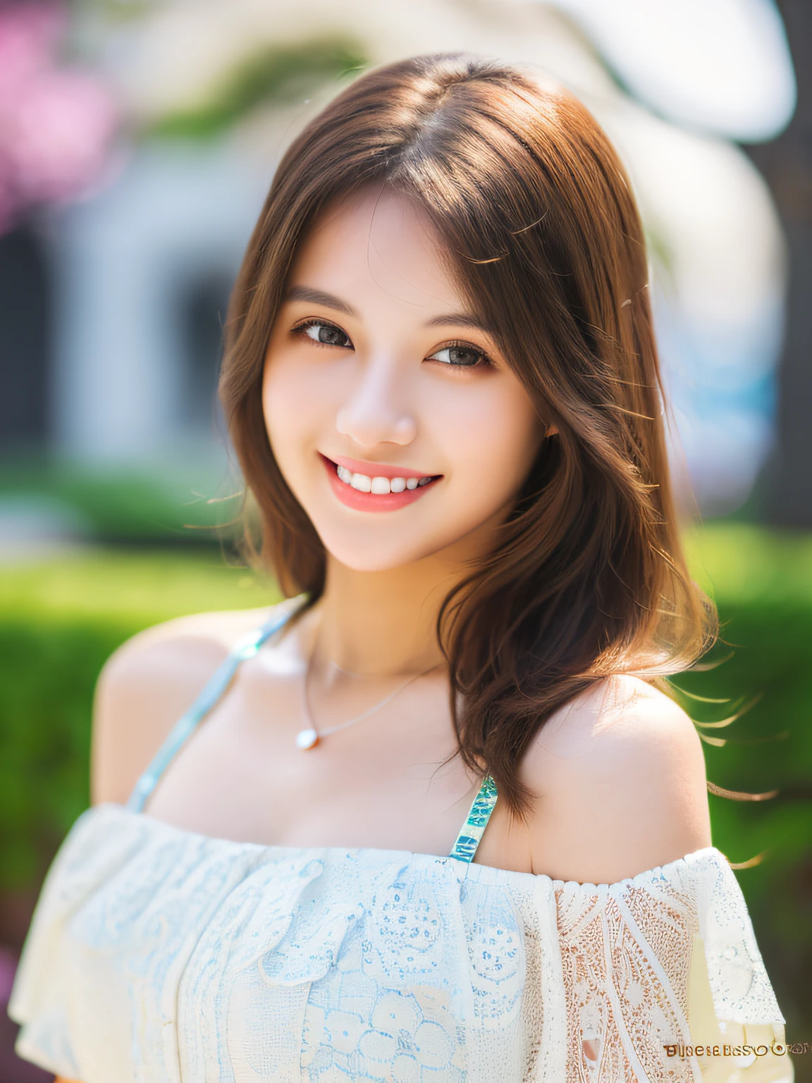 Japanese ),((beautiful girl)),cleavage,An expression that imagines something pleasant:1.2,(perfect body beauty:1.2),((perfect body)),(shy smile),beautiful teeth,