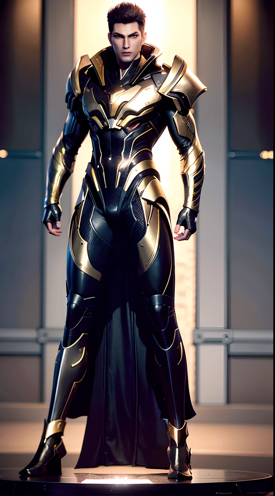 a man in a suit with a futuristic look on his face and chest, with a futuristic helmet on, (1boy:0.630), (black hair:0.728), (gold armor:0.923), (blurry:0.915), (blurry background:0.579), (blurry foreground:0.619), (depth of field:0.771), (letterboxed:0.805), (looking at viewer:0.601), (male focus:0.786), (mecha:0.605), (realistic:0.758), (solo:0.839), (full body:1.3)