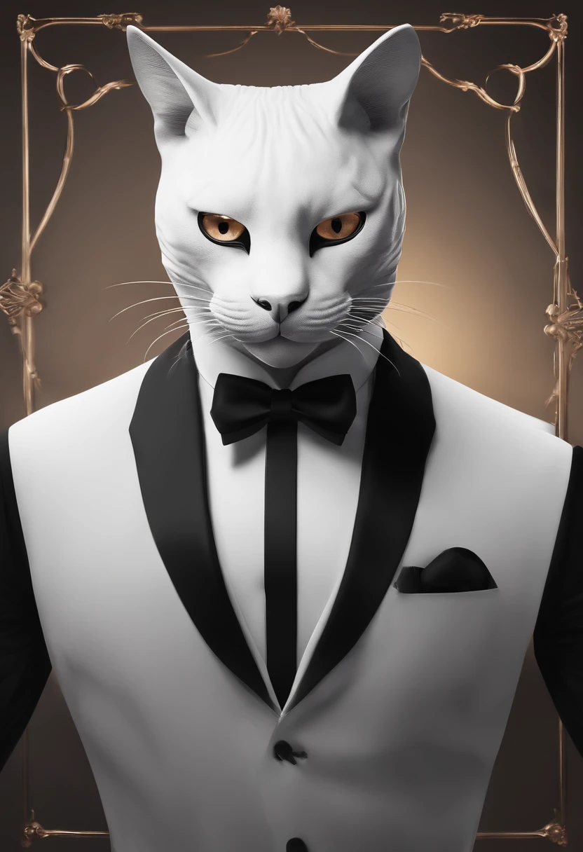 il y a un homme en smoking noir, who wears a cat mask in low pole rendering,with a bow tie, smoking, Photo de profil Discord, fvckrender, Discord PFP, Portrait NFT, elegant, Il porte un haut-de-forme, SamdoesArts, Samdoesart, L’art NFT, masque blanc, Art in the style of Joshy Sly, un portrait de @hypnose_onc