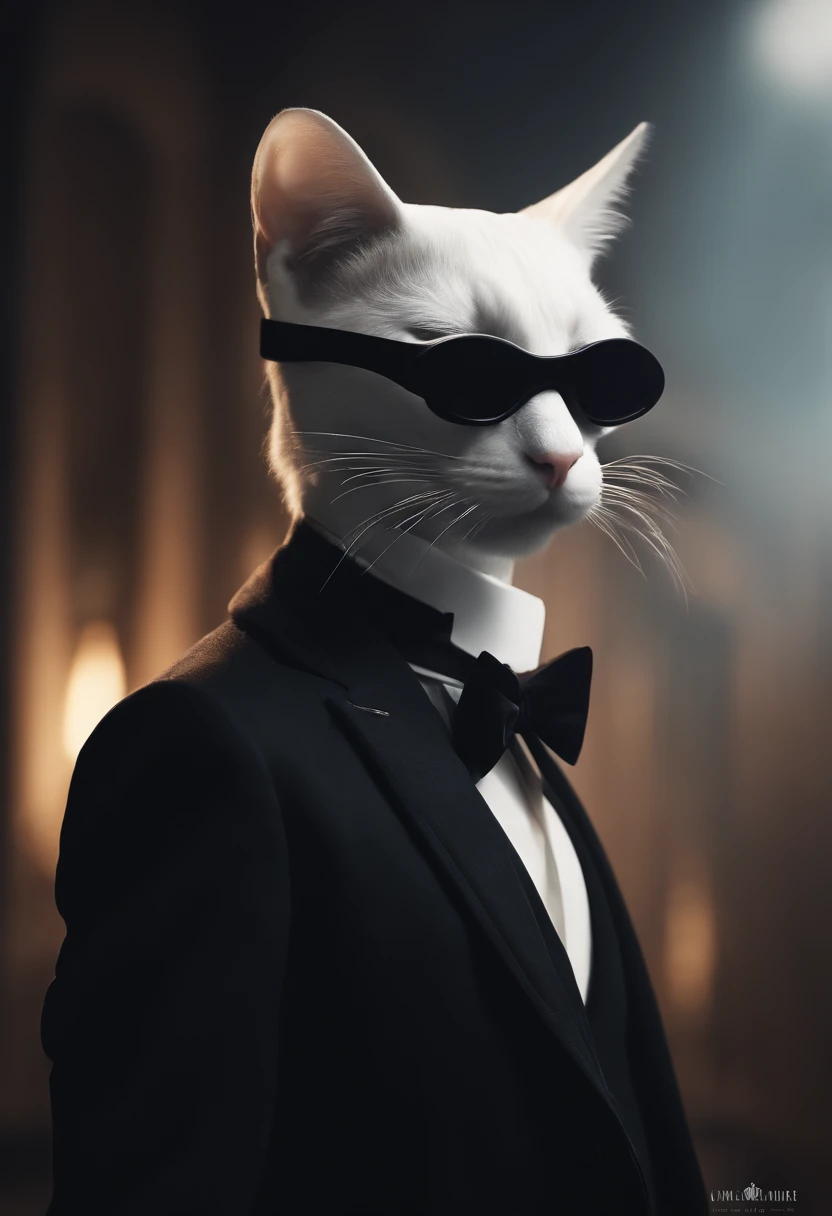 il y a un homme en smoking noir, who wears a cat mask in low pole rendering,with a bow tie, smoking, Photo de profil Discord, fvckrender, Discord PFP, Portrait NFT, elegant, Il porte un haut-de-forme, SamdoesArts, Samdoesart, L’art NFT, masque blanc, Art in the style of Joshy Sly, un portrait de @hypnose_onc