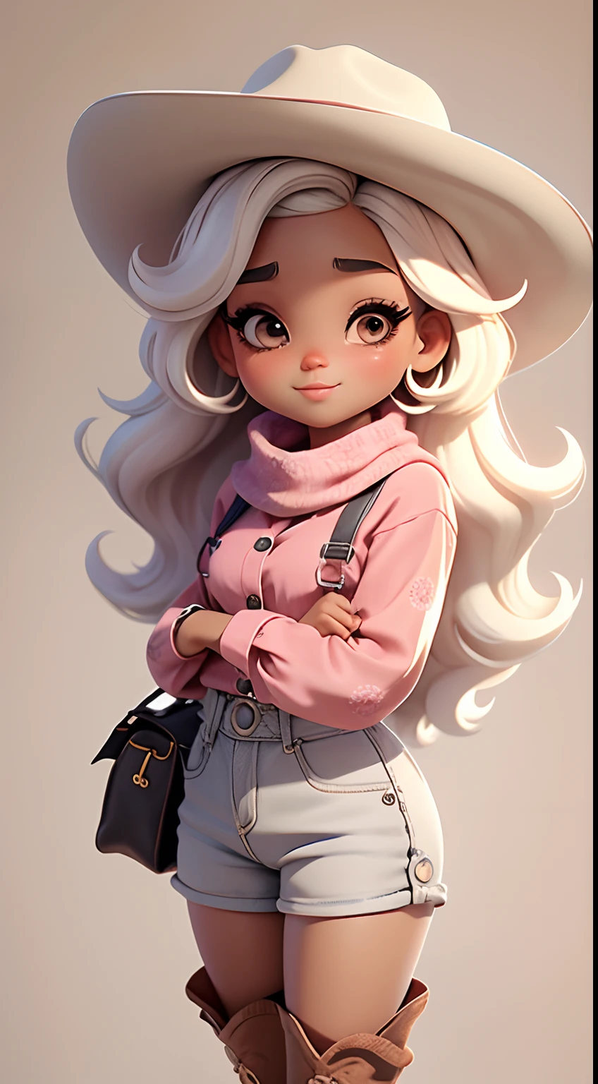 Create a Set of Black Skin Cute Chibi Style Baby Afro Doll with Cute Cowgirl Theme., Each piece has a lot of detail and 8K resolution.. All dolls must follow the same and complete stable background pattern in the image., programa (corpo inteiro, incluindo pernas: 1.5)
Boneca Cowgirl: Chame-a de Mia.. Ela deve ter cabelos mistos moderadamente ondulados.. Seus olhos devem ser grandes e curiosos., It has long eyelashes and slightly pink cheeks.. Mia should wear a sensitive jumpsuit., Cowboy boots and polka dot shirts and cute cowboy hats.. Ela tinha que carregar joias da fazenda.. Add details like bags and scarves to the apron to make it look more glamorous., Nice shoes
Don't forget to add shadows., Textura e detalhe no cabelo, Clothes, Aparelhos de cowboy bonitos, To make them cuter and more charming..
