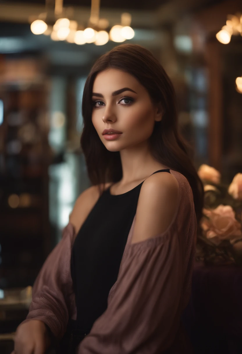 sexy girl, posing in clothing store, best quality, ultra realistic, meticulously detailed, portrait sophie mudd, black hair and large eyes, selfie of a young woman, violet myers, without makeup, natural makeup, looking directly at the camera, face with artgram, subtle makeup, stunning full body shot standing in a club, club, large size bust, ponytail hair