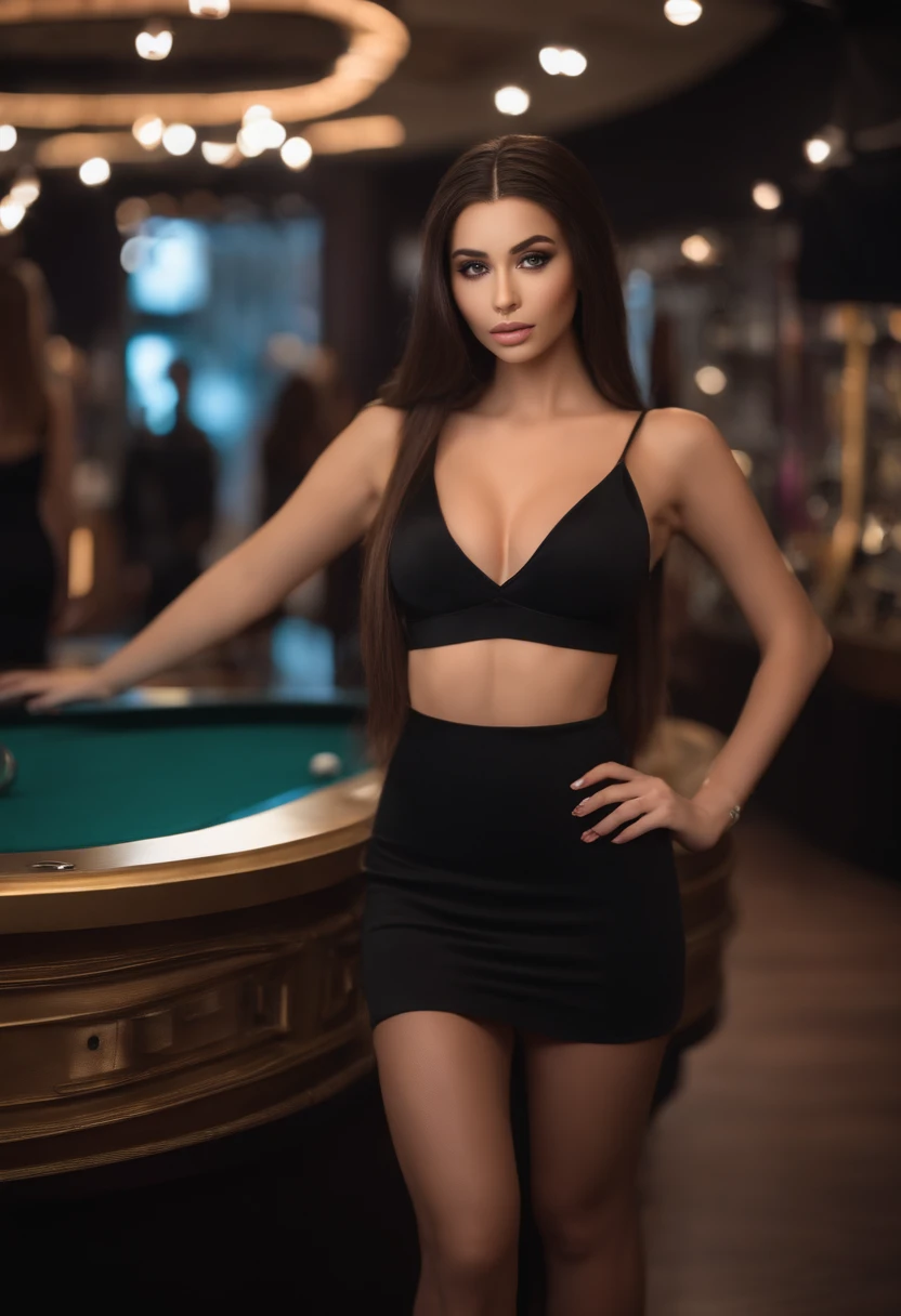 sexy girl, posing in clothing store, best quality, ultra realistic, meticulously detailed, portrait sophie mudd, black hair and large eyes, selfie of a young woman, violet myers, without makeup, natural makeup, looking directly at the camera, face with artgram, subtle makeup, stunning full body shot standing in a club, club, large size bust, ponytail hair
